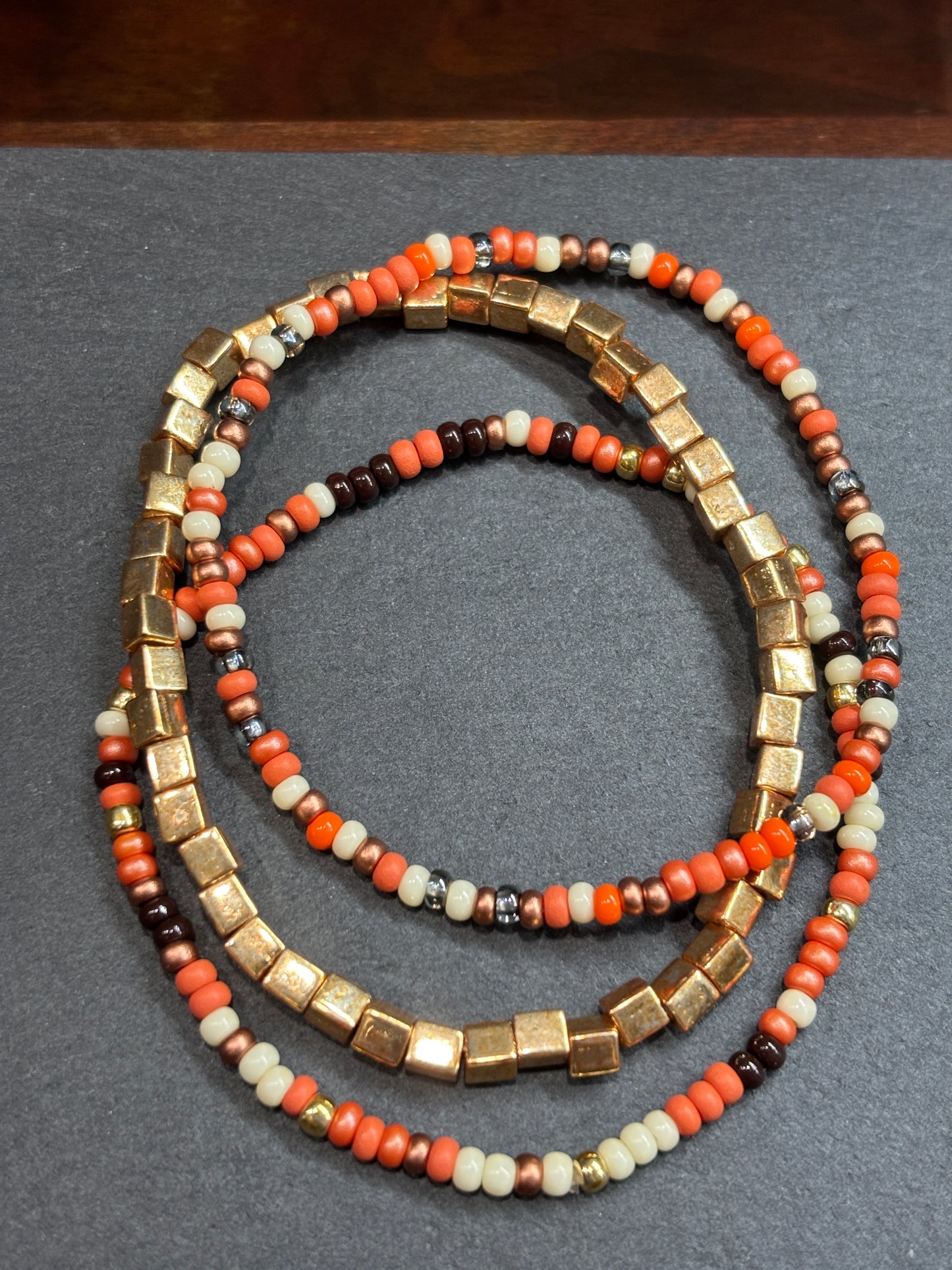 "Guilded Dune" - Handmade Seed Bead Stretch Bracelet Set of 3