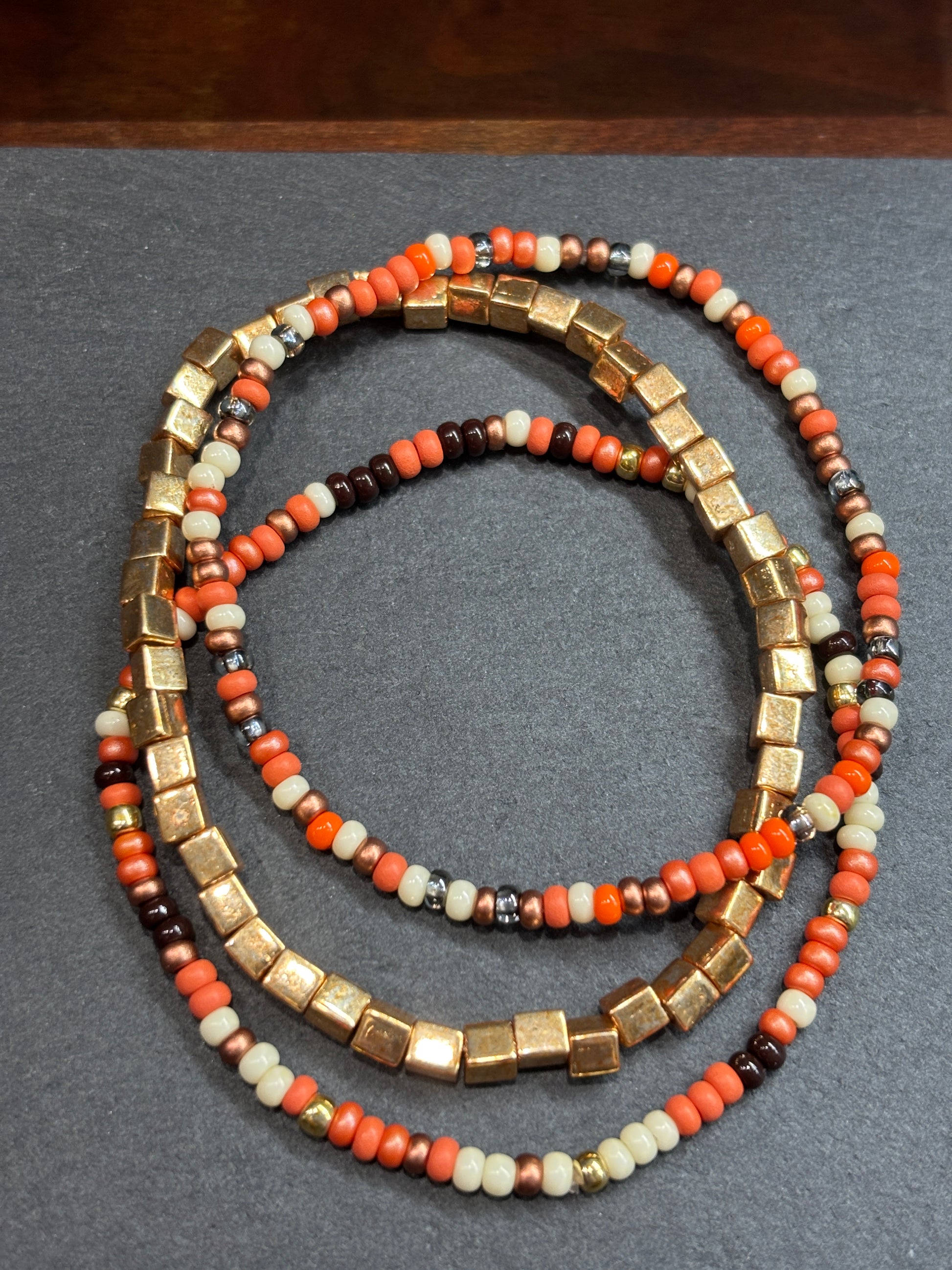 Guilded Dune  Handmade Seed Bead Stretch Bracelet Set of 3 - 5