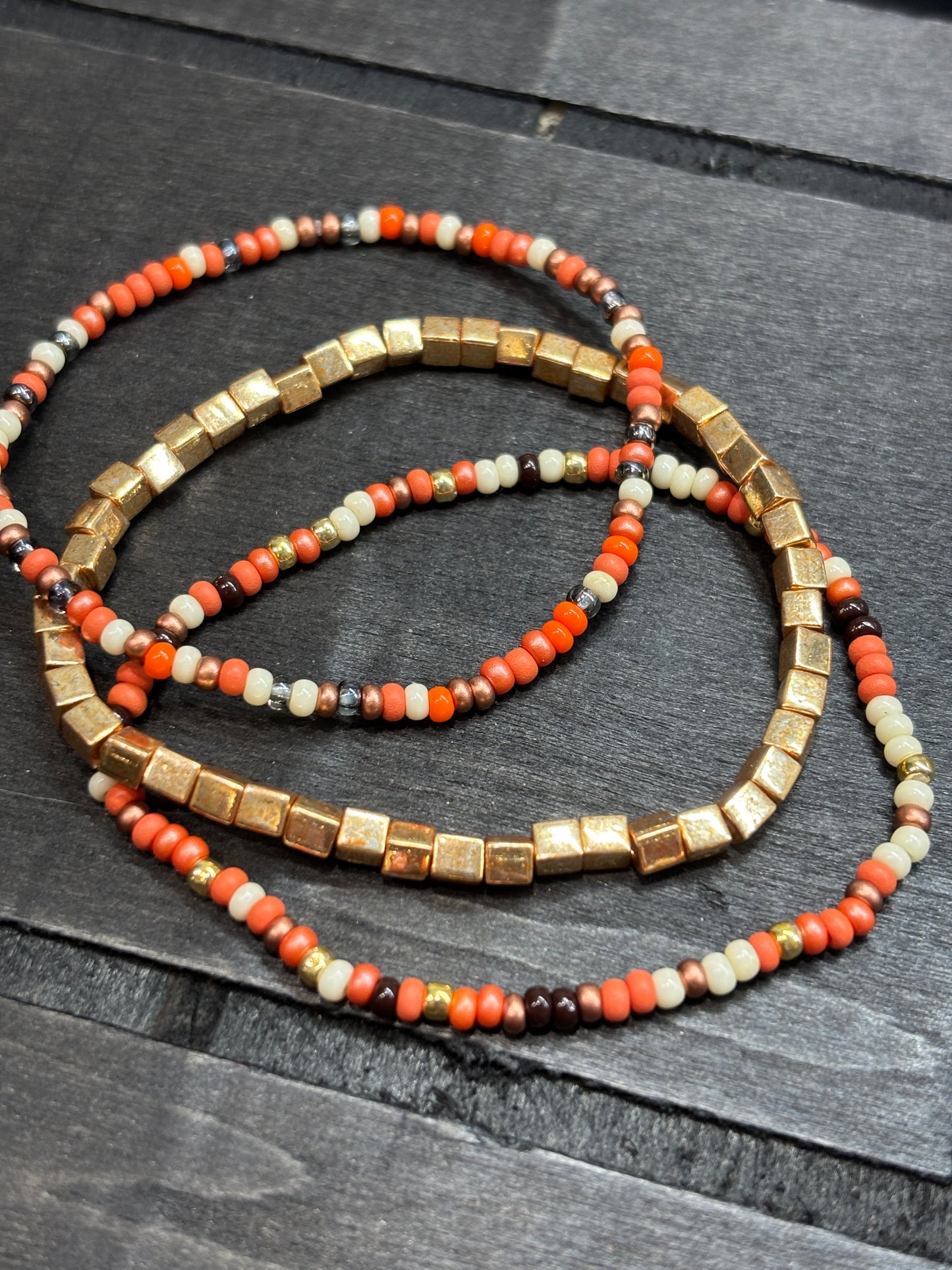 "Guilded Dune" - Handmade Seed Bead Stretch Bracelet Set of 3