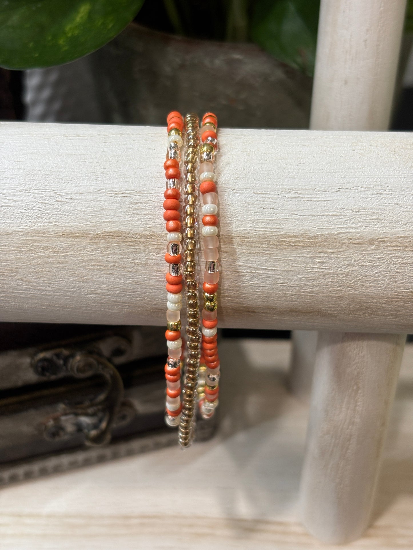 "Rust Pearl" - Handmade Seed Bead Stretch Bracelet Set of 3