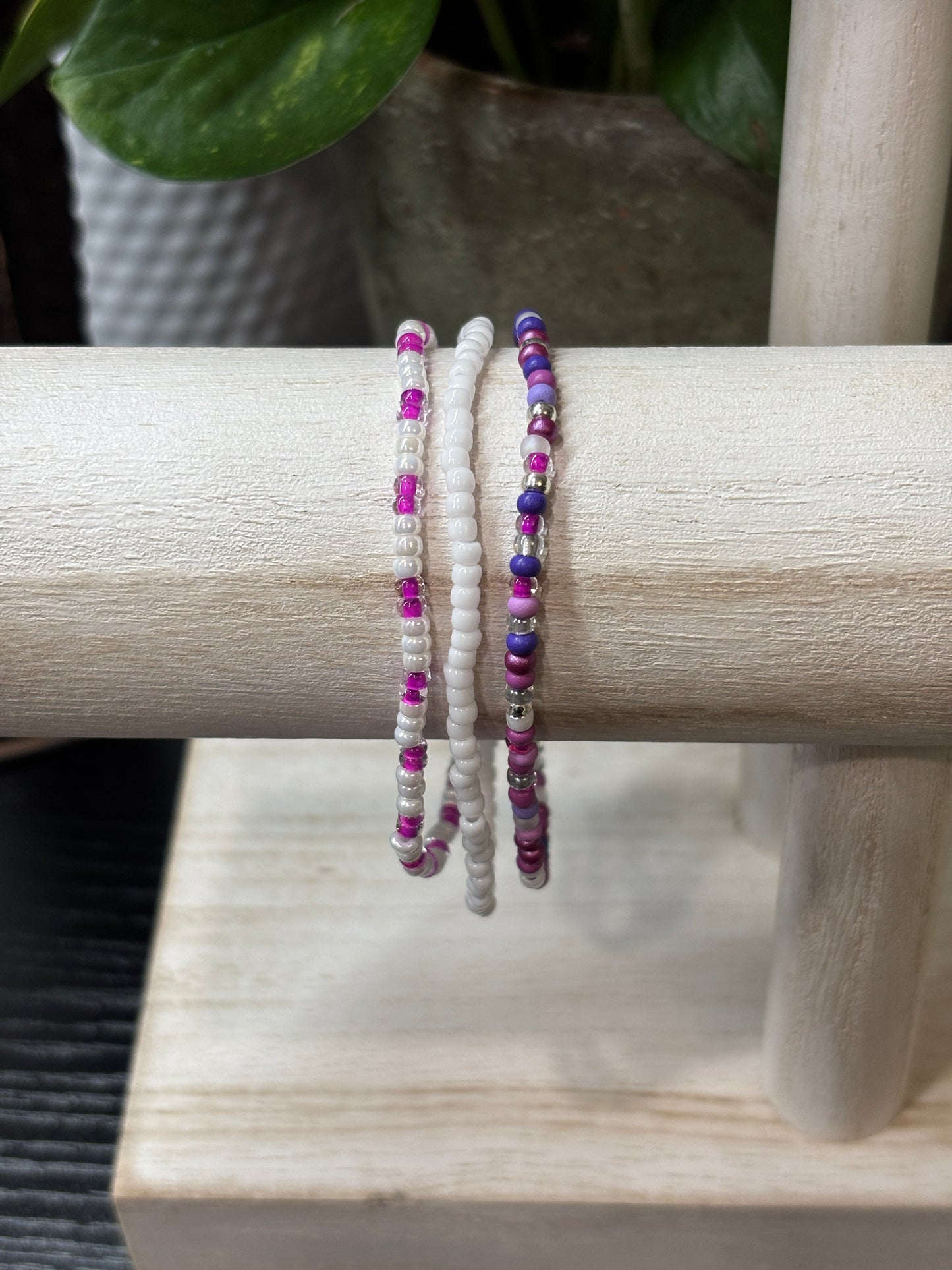 "Glass Orchid" - Handmade Seed Bead Stretch Bracelet Set of 3