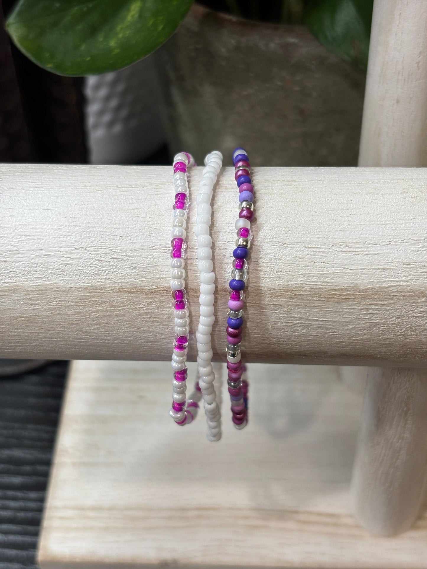 "Glass Orchid" - Handmade Seed Bead Stretch Bracelet Set of 3
