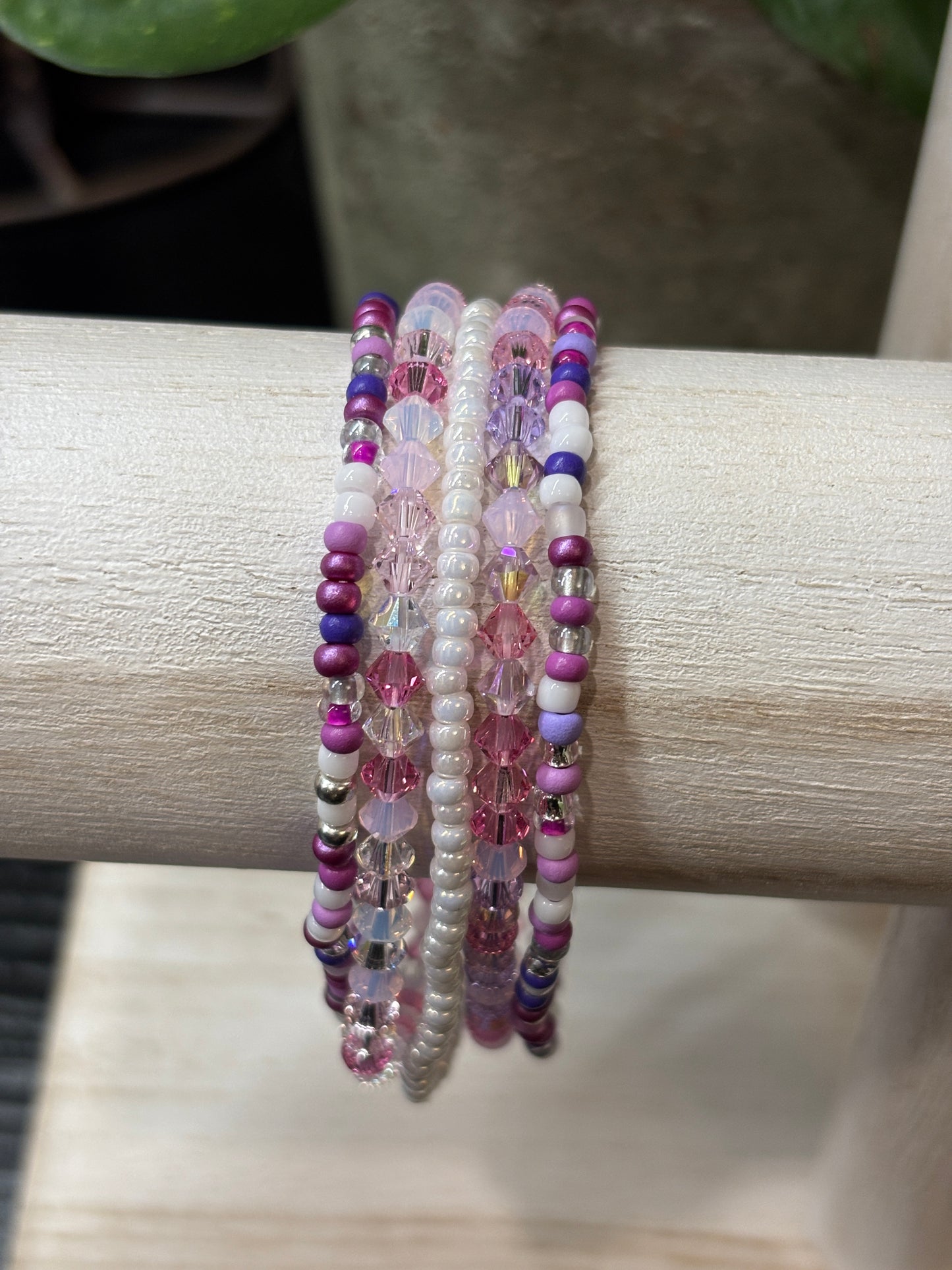 "Frosted Petals" - Handmade Seed Bead Stretch Bracelet Set of 5