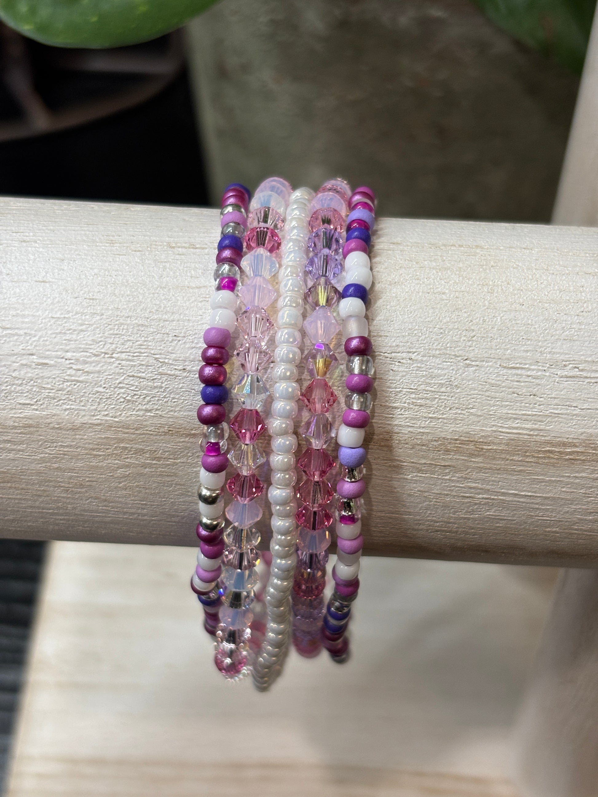 Frosted Petals  Handmade Seed Bead Stretch Bracelet Set of 5 - 2