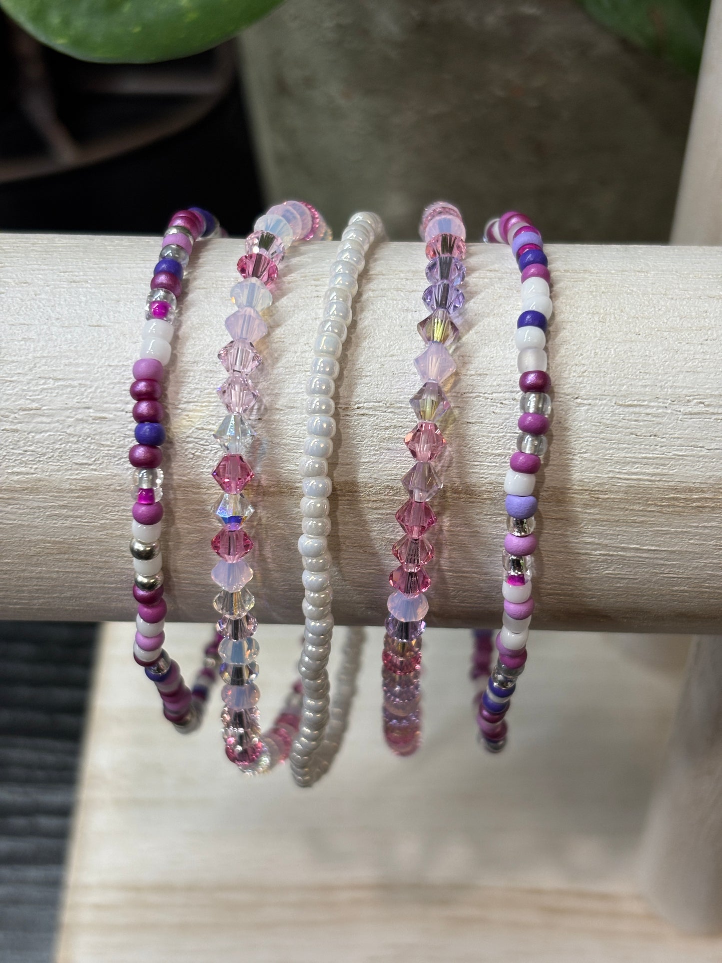 "Frosted Petals" - Handmade Seed Bead Stretch Bracelet Set of 5