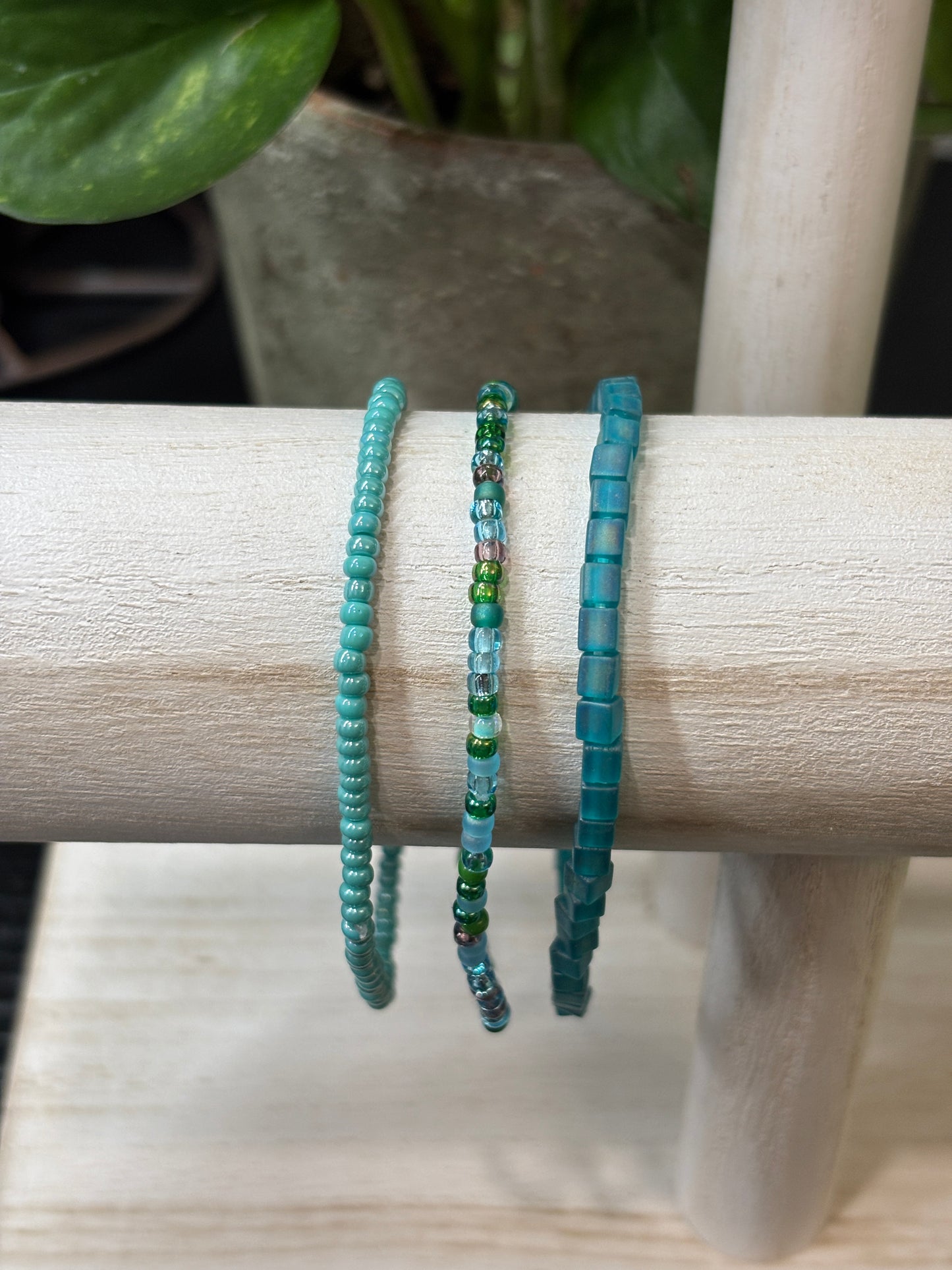 "Verdant Waves" - Handmade Seed Bead Stretch Bracelet Set of 3