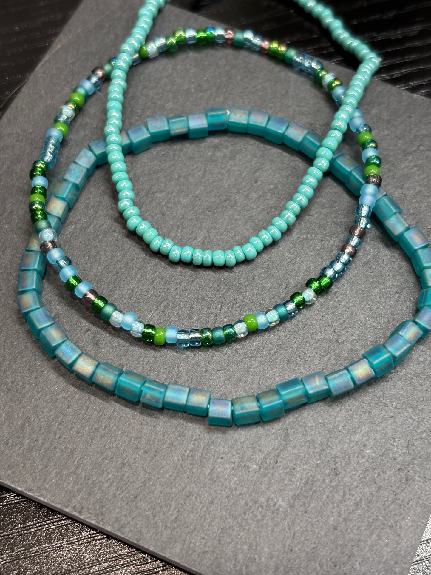 "Verdant Waves" - Handmade Seed Bead Stretch Bracelet Set of 3