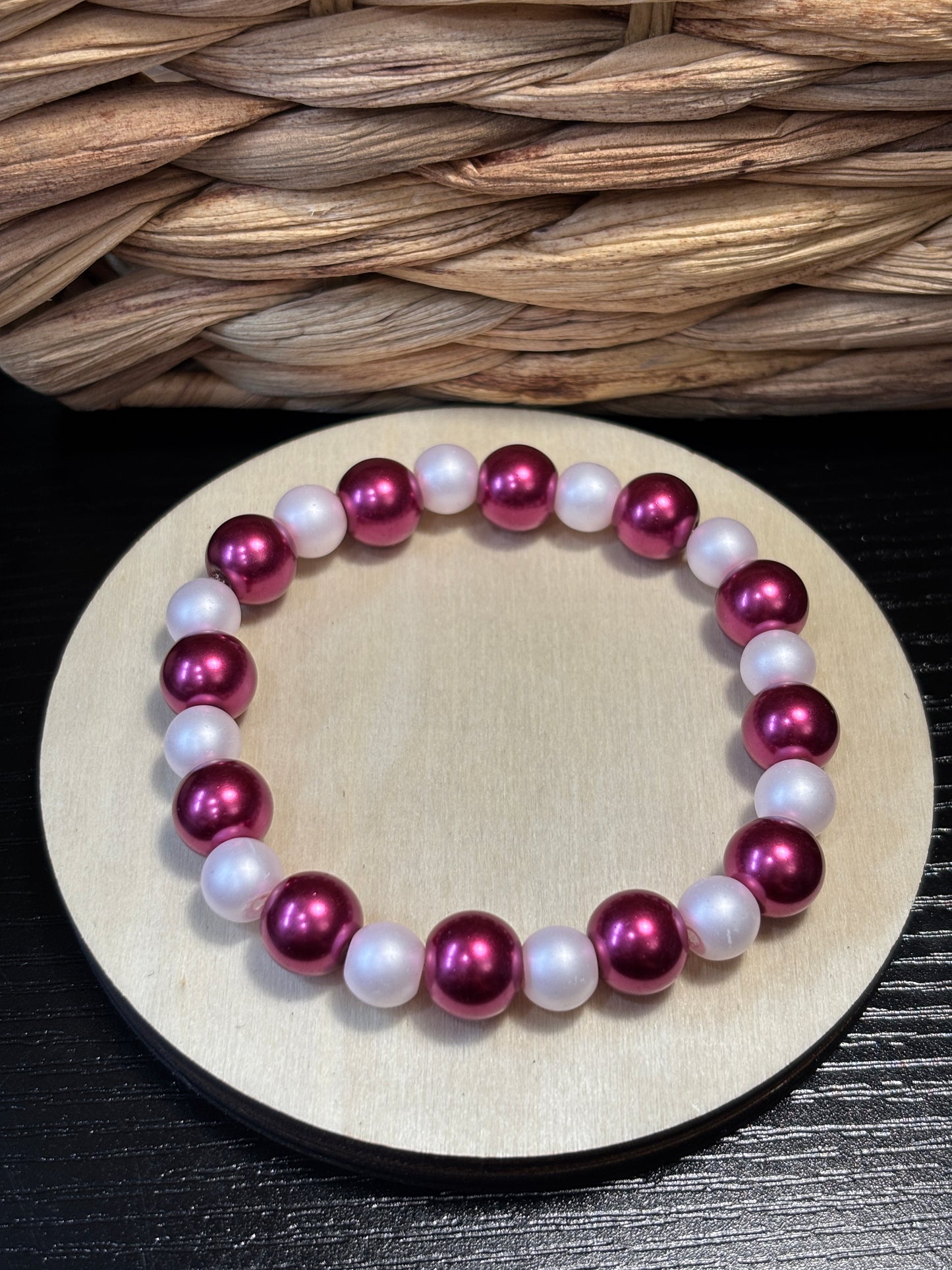 "Pinky & Pearl" - Handmade Glass Beaded Stretch Bracelet