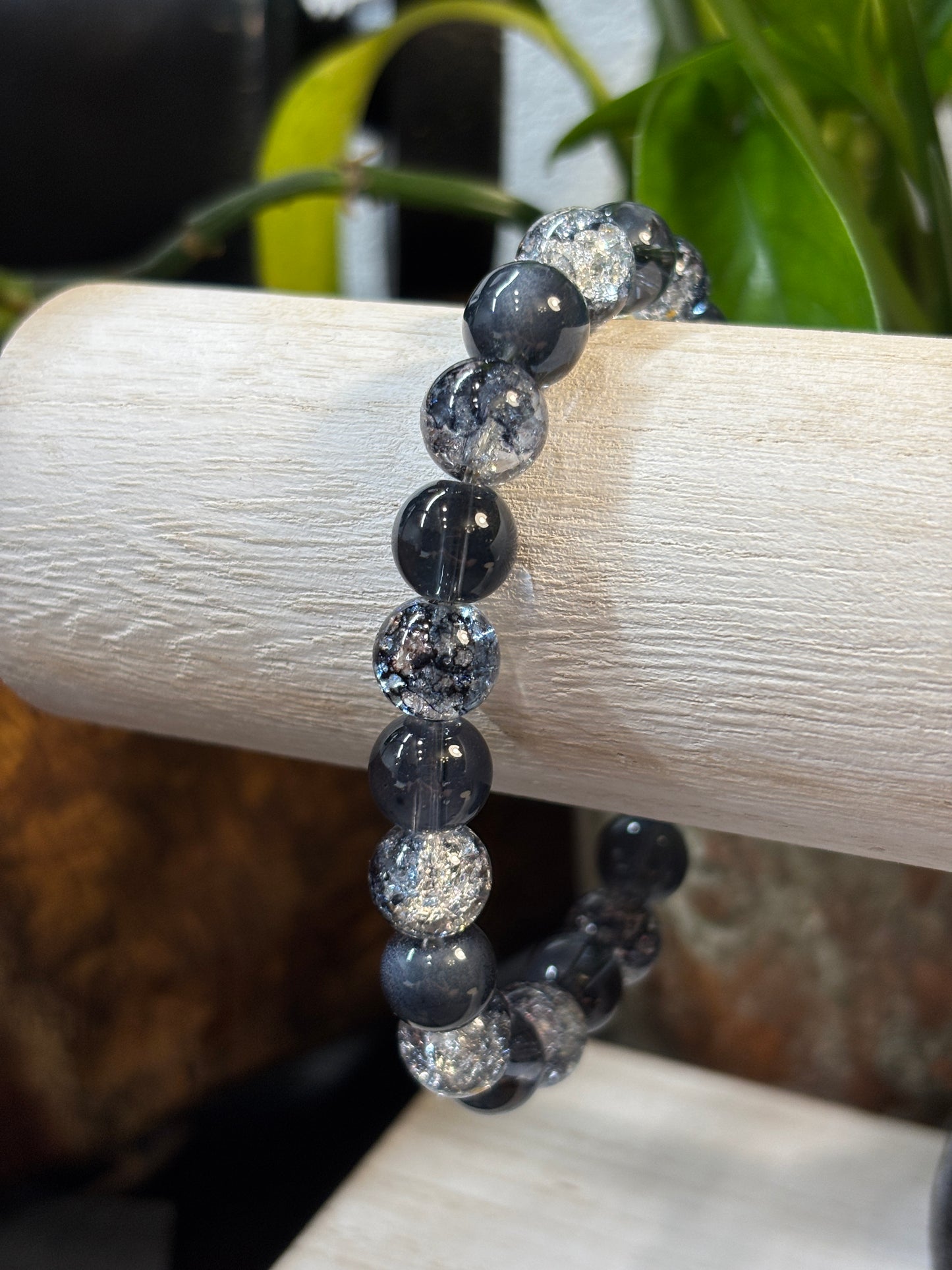 "Black Ice" - Handmade Glass Beaded Stretch Bracelet
