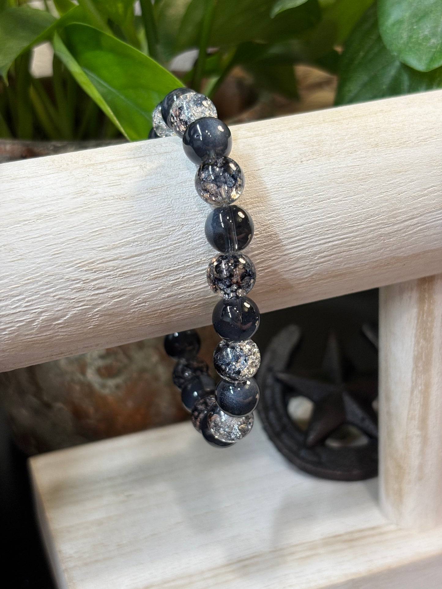 "Black Ice" - Handmade Glass Beaded Stretch Bracelet