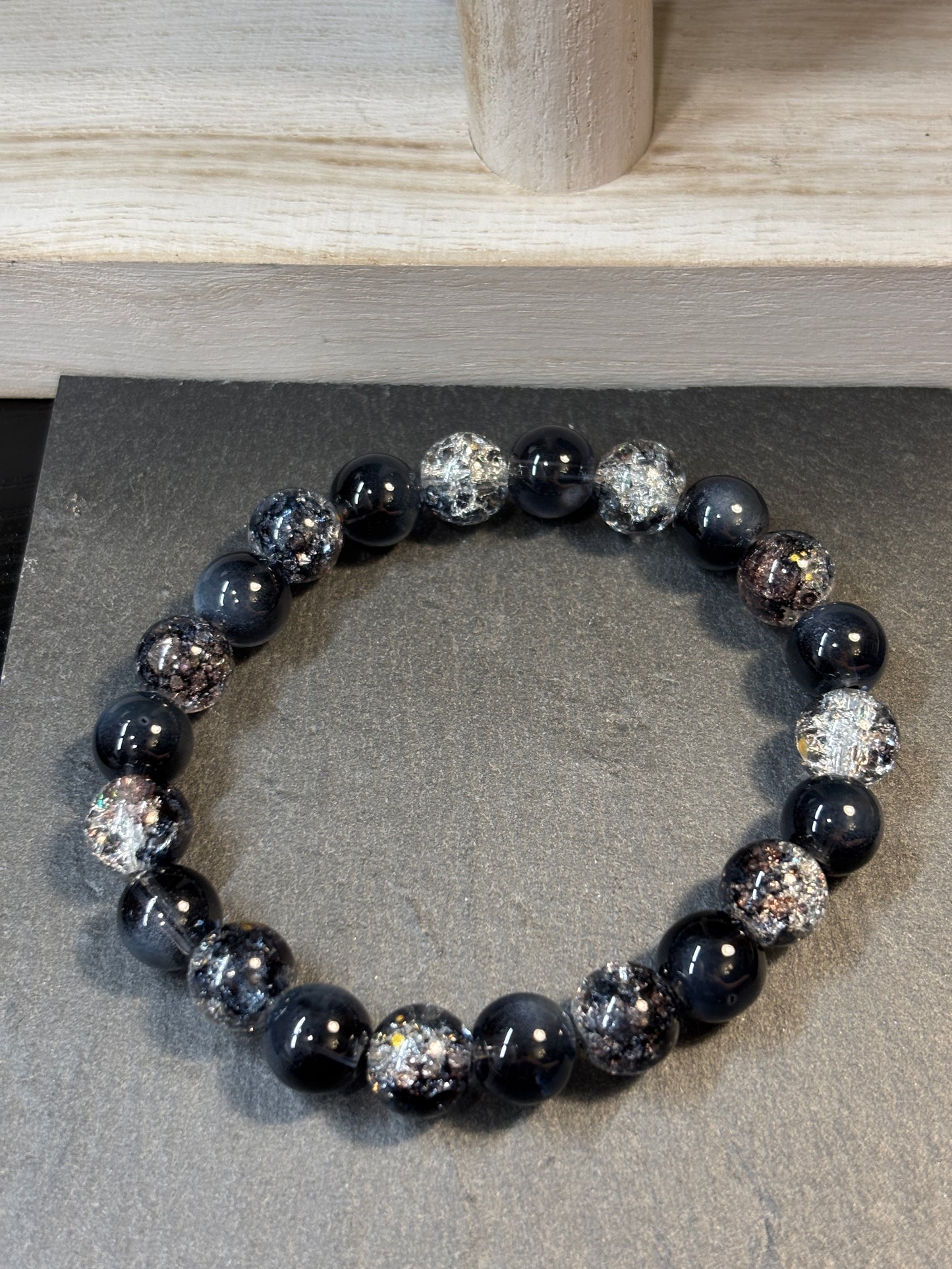 "Black Ice" - Handmade Glass Beaded Stretch Bracelet