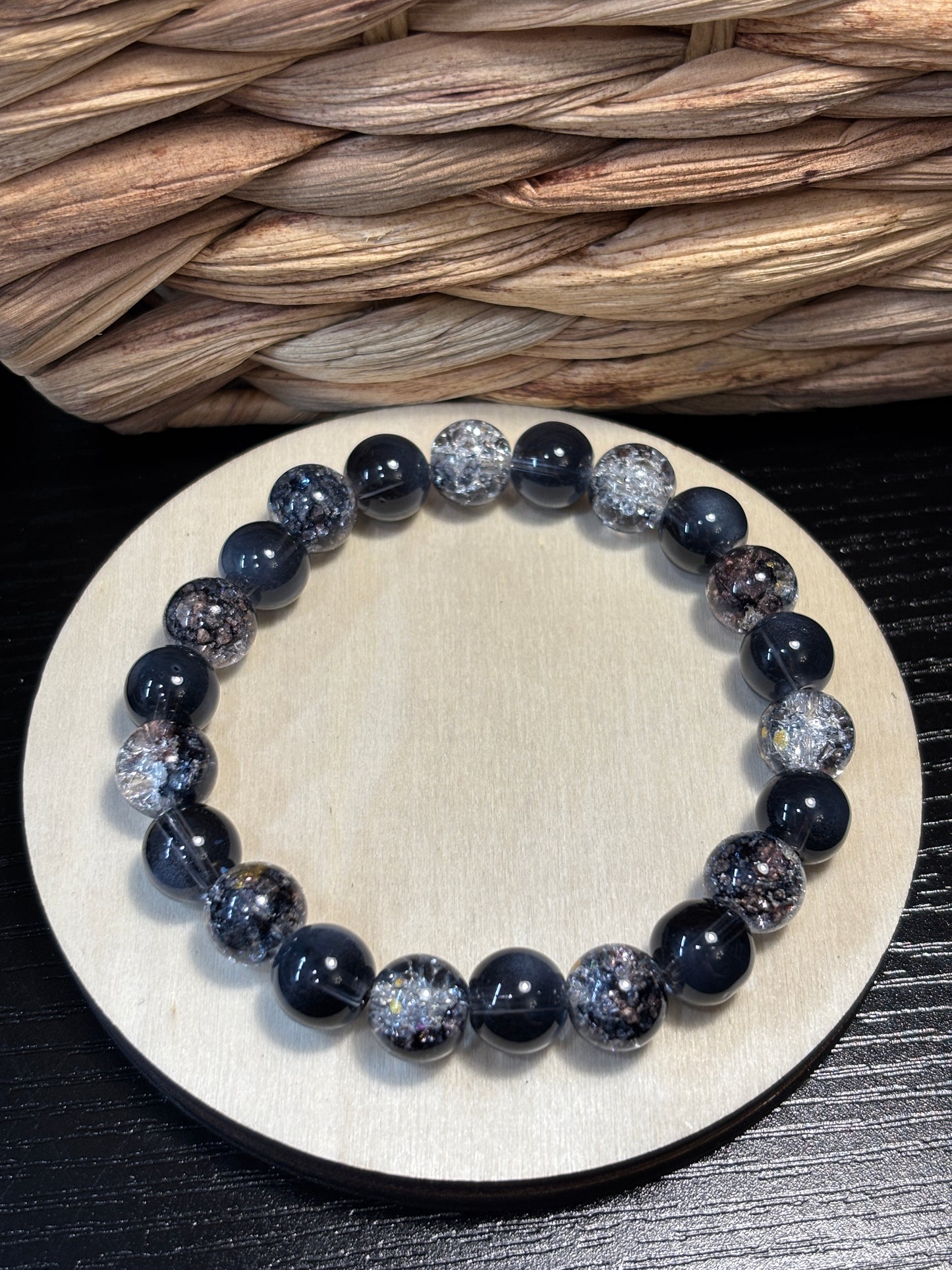 "Black Ice" - Handmade Glass Beaded Stretch Bracelet