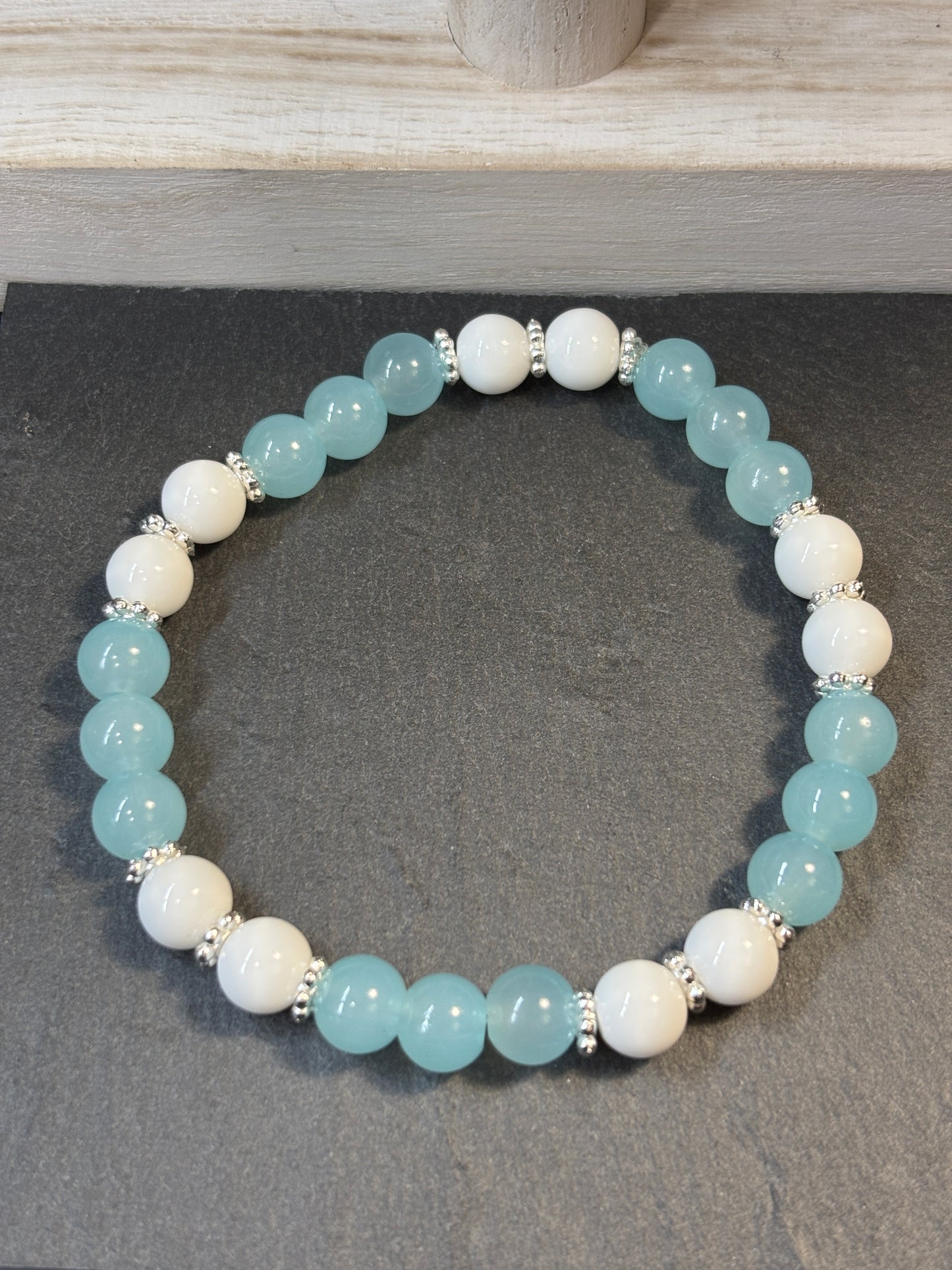 "Aqua White" - Handmade Glass Beaded Stretch Bracelet