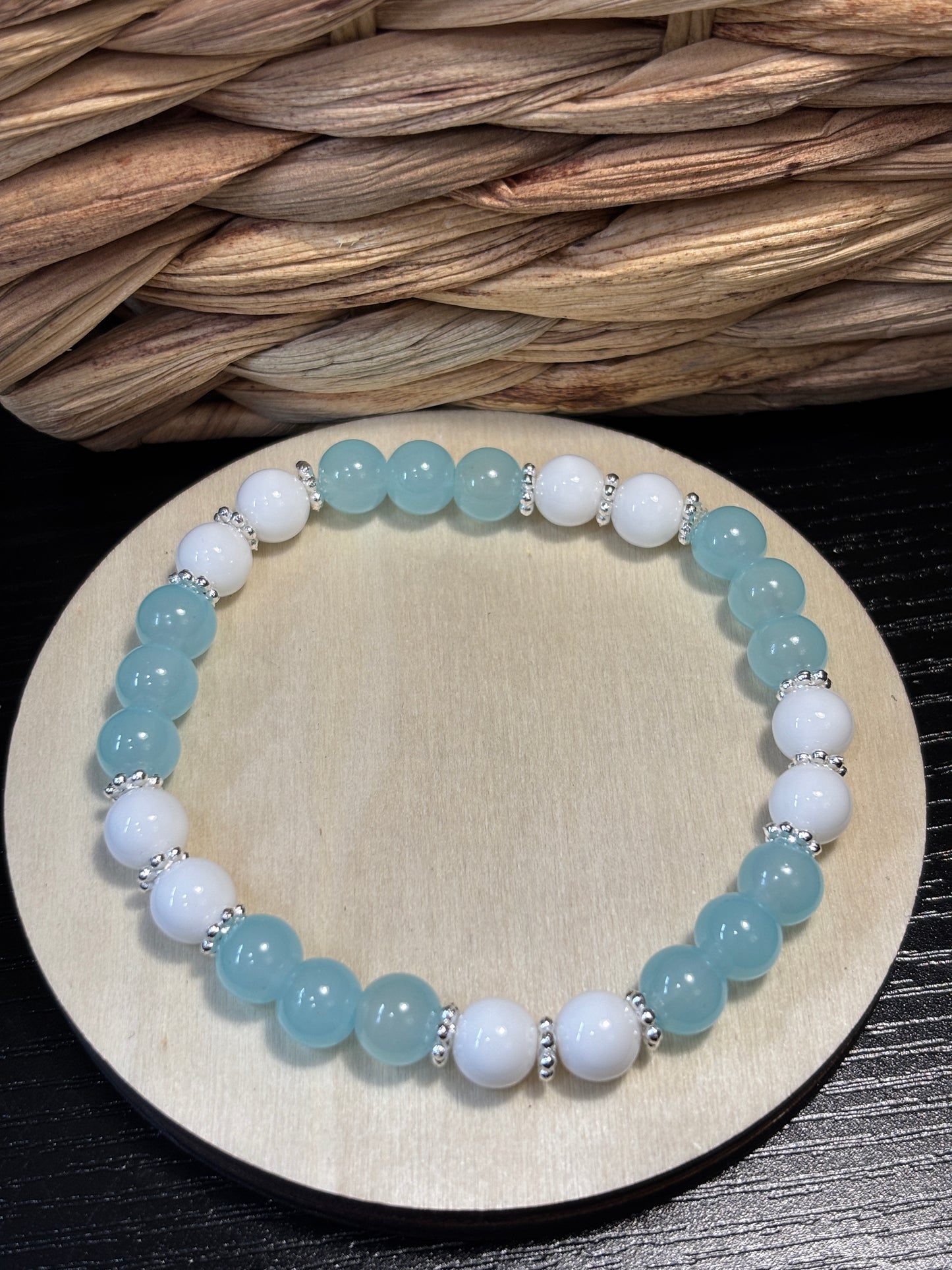 "Aqua White" - Handmade Glass Beaded Stretch Bracelet