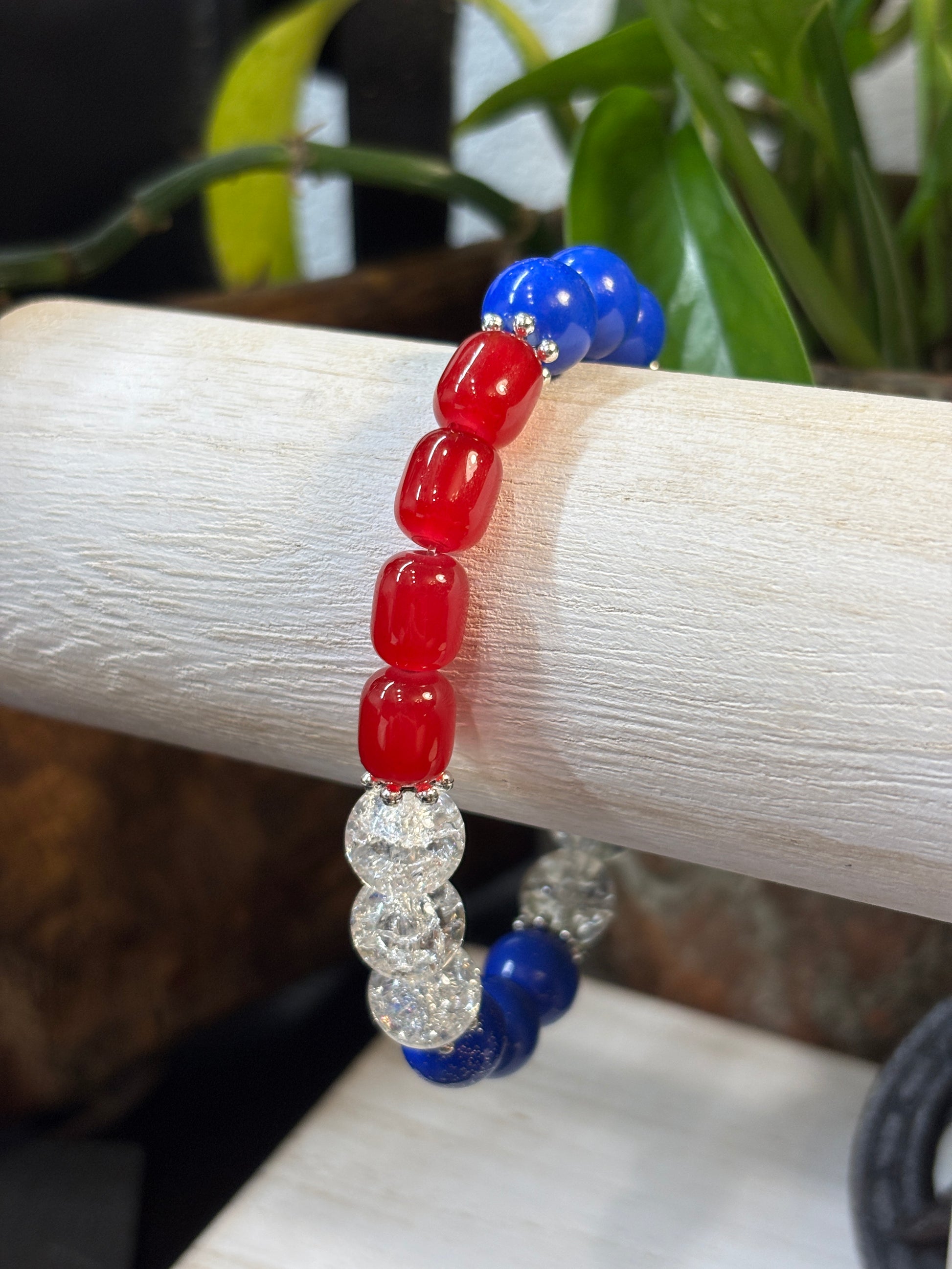 Red, White & Blue  Handmade Glass Beaded Stretch Bracelet - 3