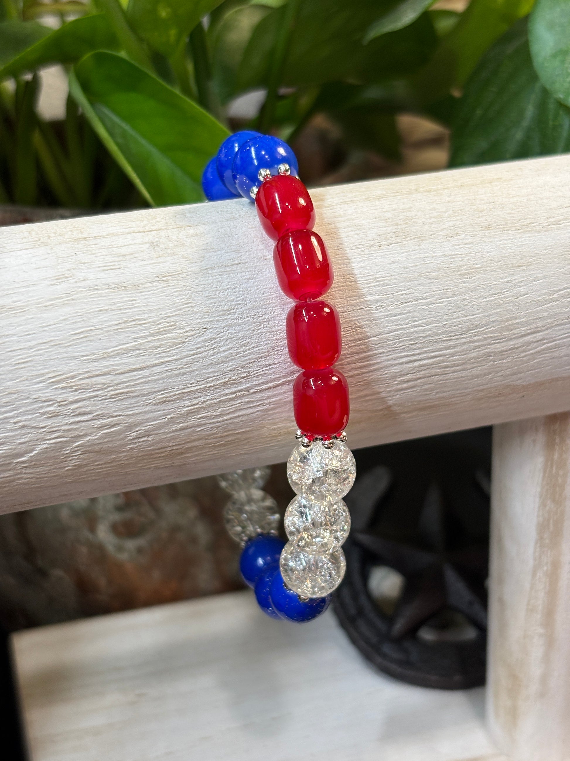 Red, White & Blue  Handmade Glass Beaded Stretch Bracelet - 2