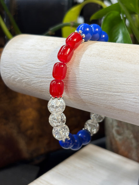 Red, White & Blue  Handmade Glass Beaded Stretch Bracelet - 1
