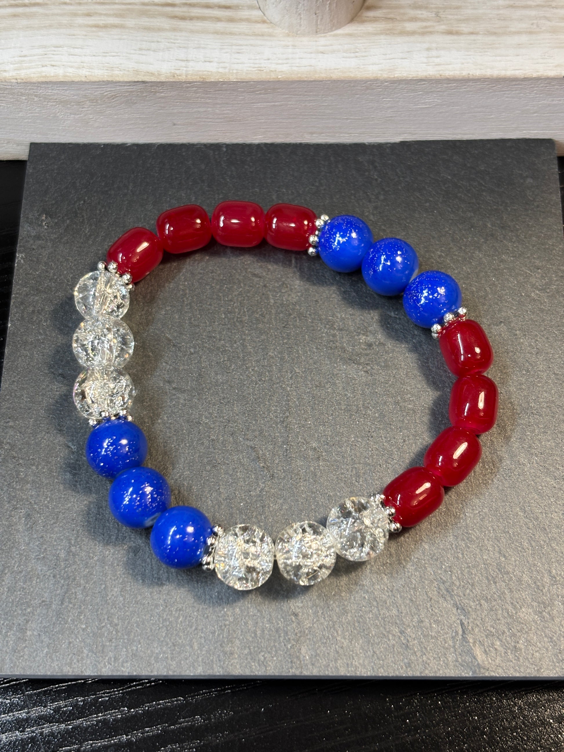Red, White & Blue  Handmade Glass Beaded Stretch Bracelet - 4
