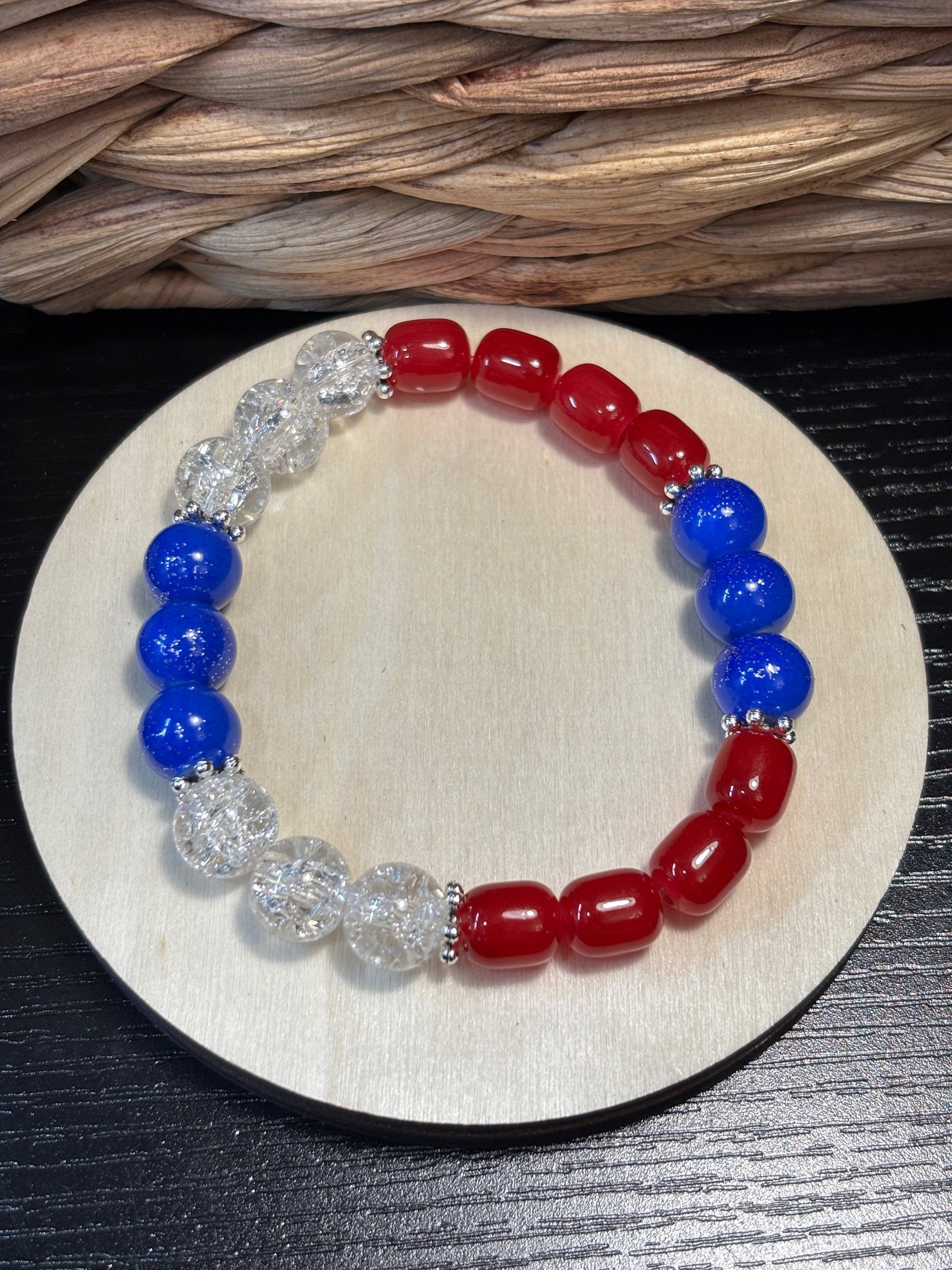 Red, White & Blue  Handmade Glass Beaded Stretch Bracelet - 5