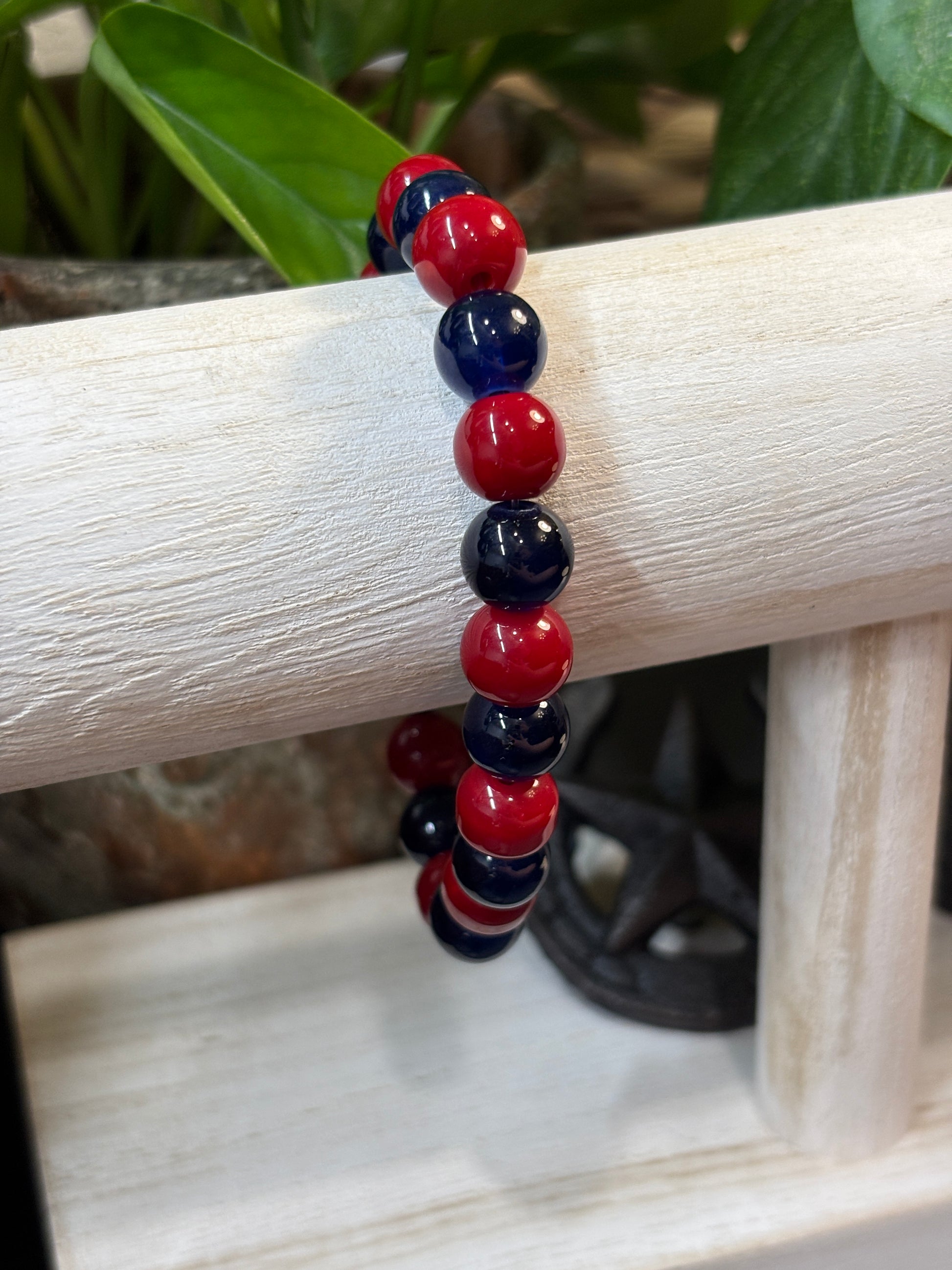 Red & Blue  Handmade Glass Beaded Stretch Bracelet - 2