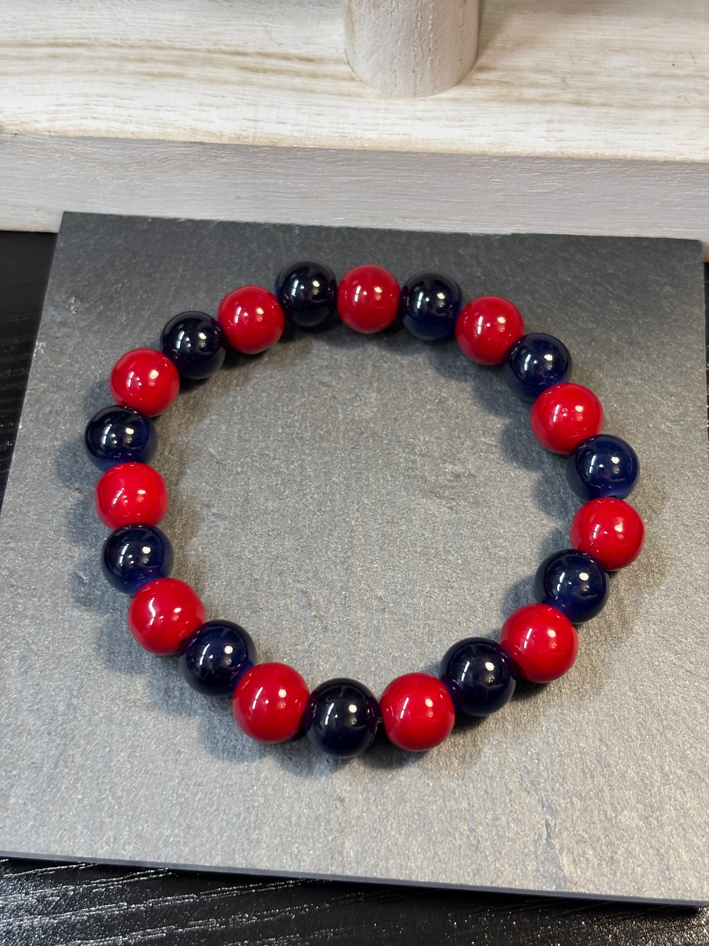 Red & Blue  Handmade Glass Beaded Stretch Bracelet - 3