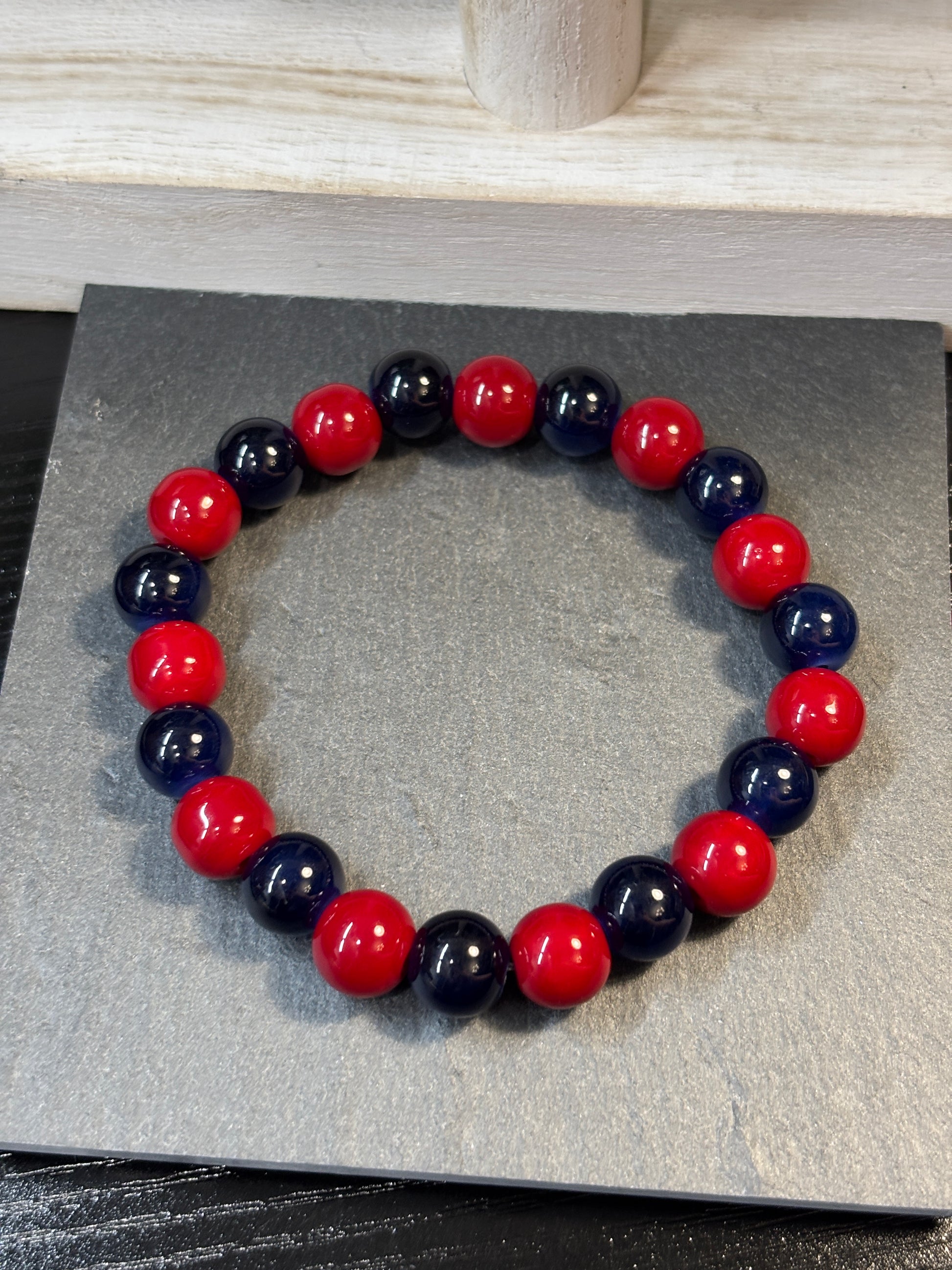 Red & Blue  Handmade Glass Beaded Stretch Bracelet - 3