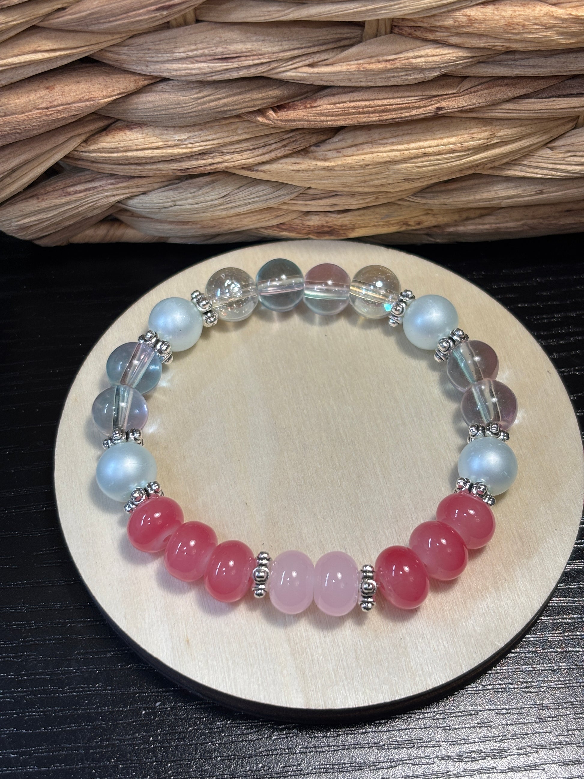 Pops of Pink  Handmade Glass Beaded Stretch Bracelet - 4