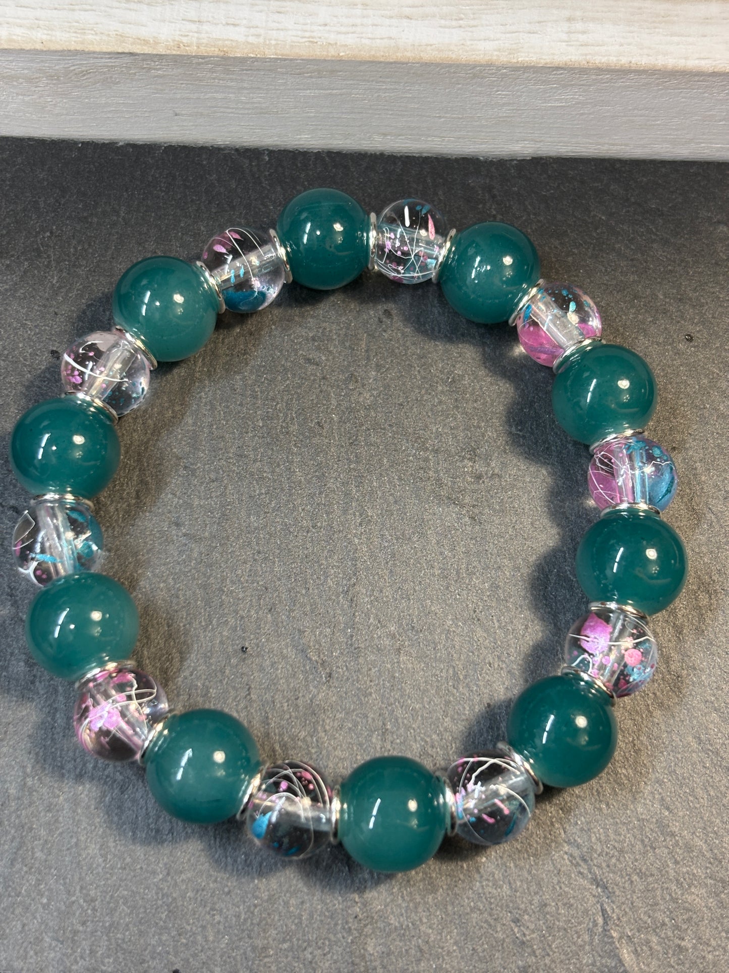"Teal Jelly Artist" - Handmade Glass Beaded Stretch Bracelet
