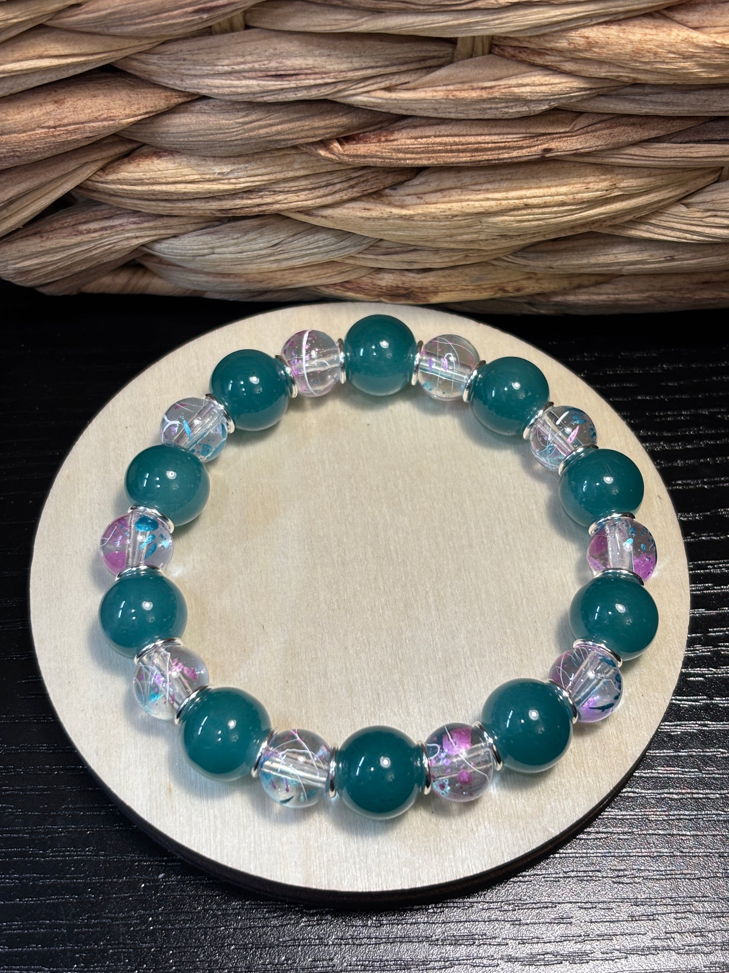 "Teal Jelly Artist" - Handmade Glass Beaded Stretch Bracelet