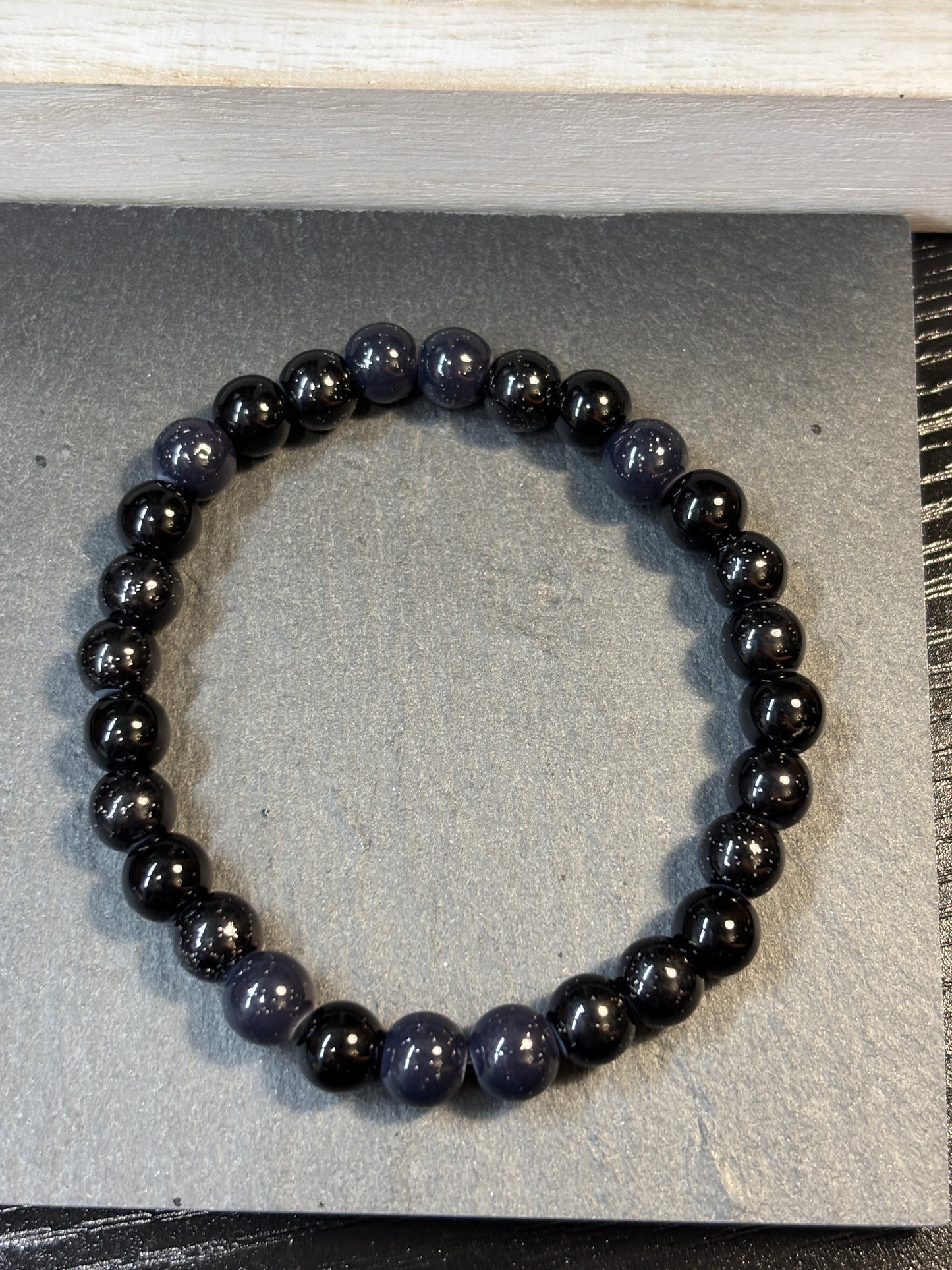 "Blue Black" - Handmade Glass Beaded Stretch Bracelet