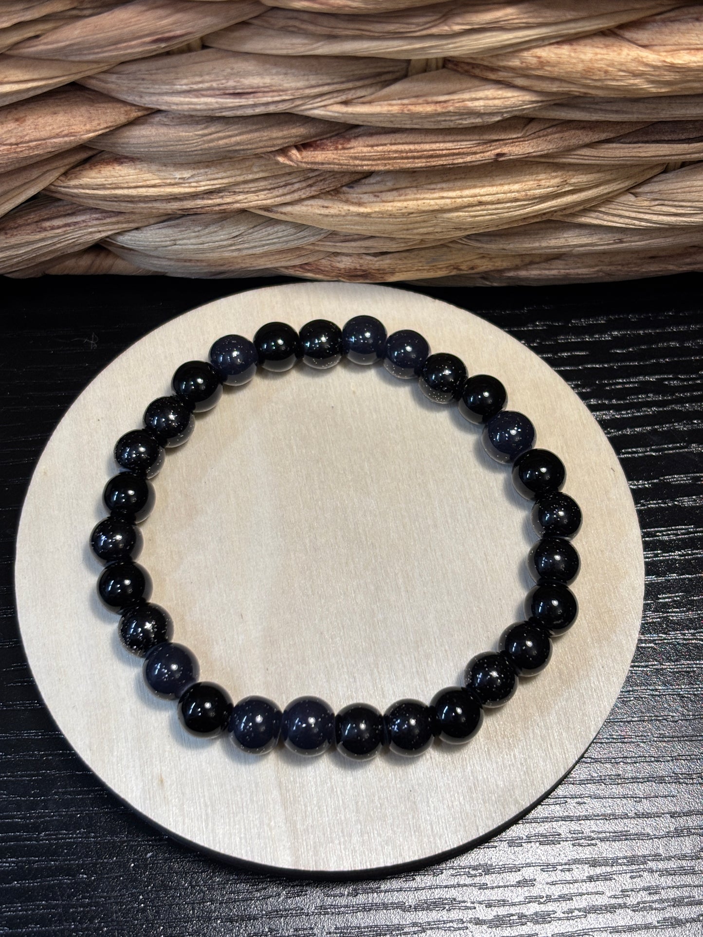 "Blue Black" - Handmade Glass Beaded Stretch Bracelet
