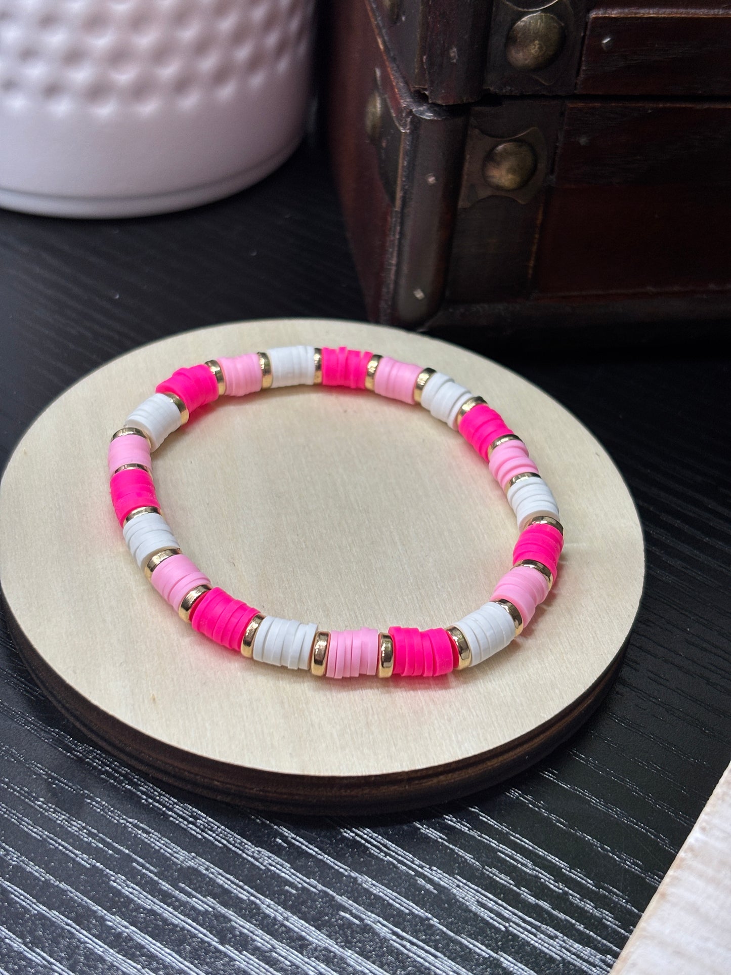 "Blush Pop" - Handmade Clay Heishi Bead Stretch Bracelet