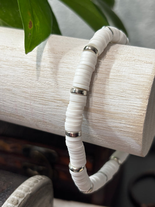 "Silver Lining" - Handmade Clay Heishi Bead Stretch Bracelet