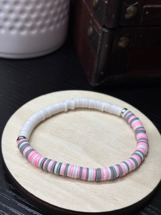 "Blush & Slate" - Handmade Clay Heishi Bead Stretch Bracelet