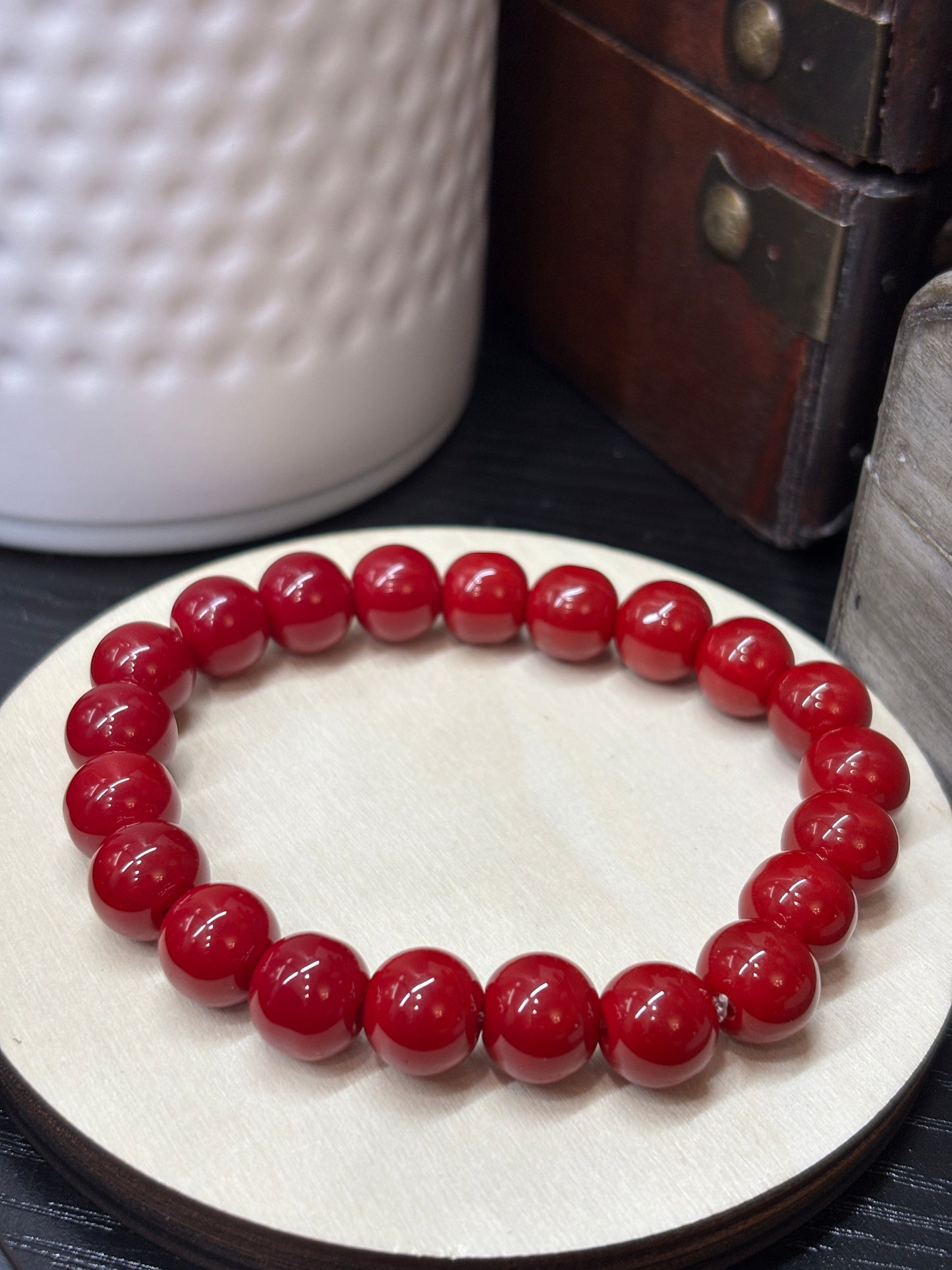 Red  Handmade Glass Beaded Stretch Bracelet - 2