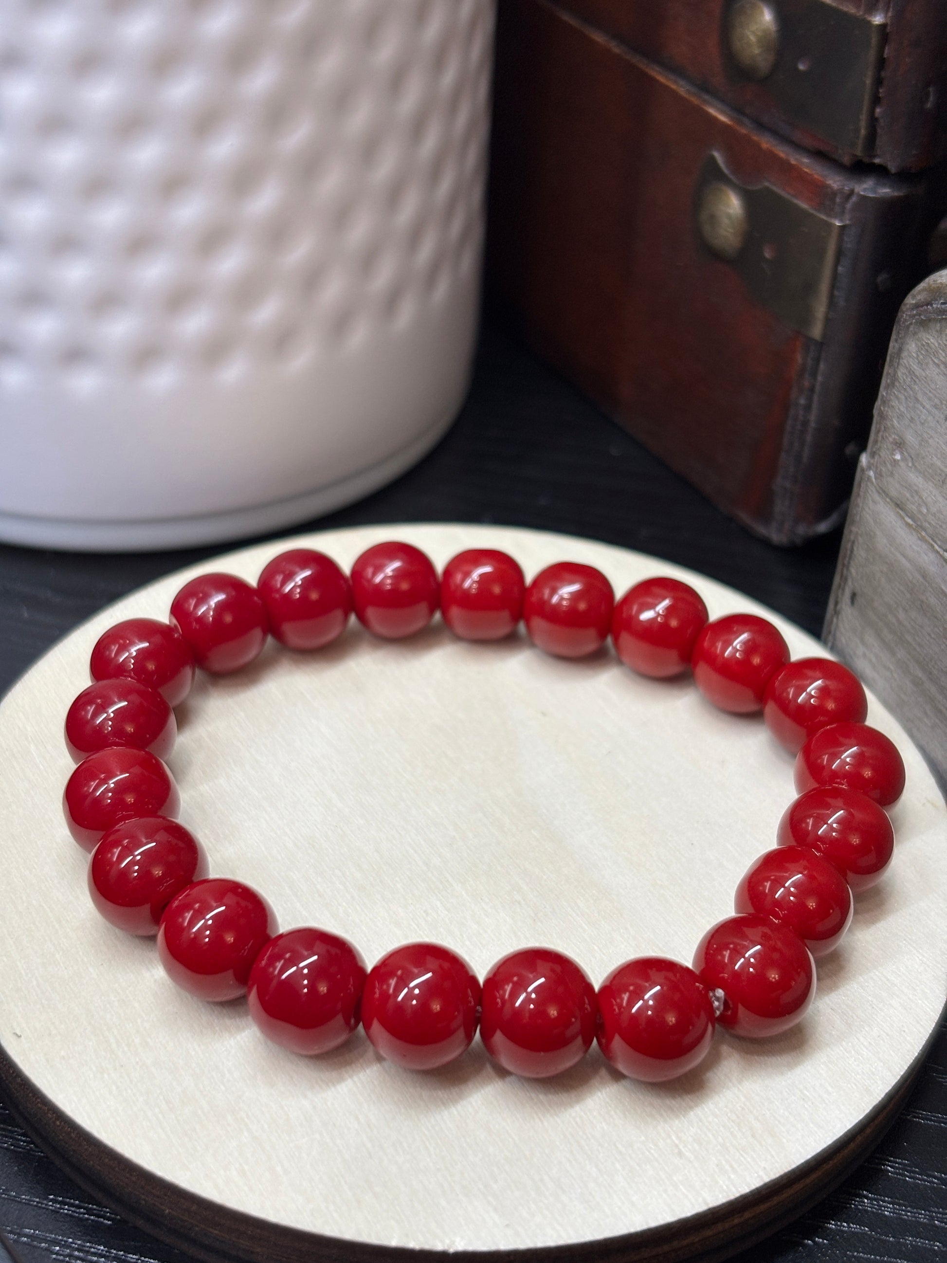 Red  Handmade Glass Beaded Stretch Bracelet - 2