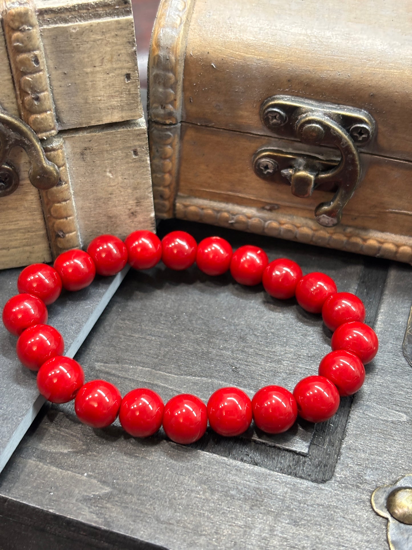 Red  Handmade Glass Beaded Stretch Bracelet - 3