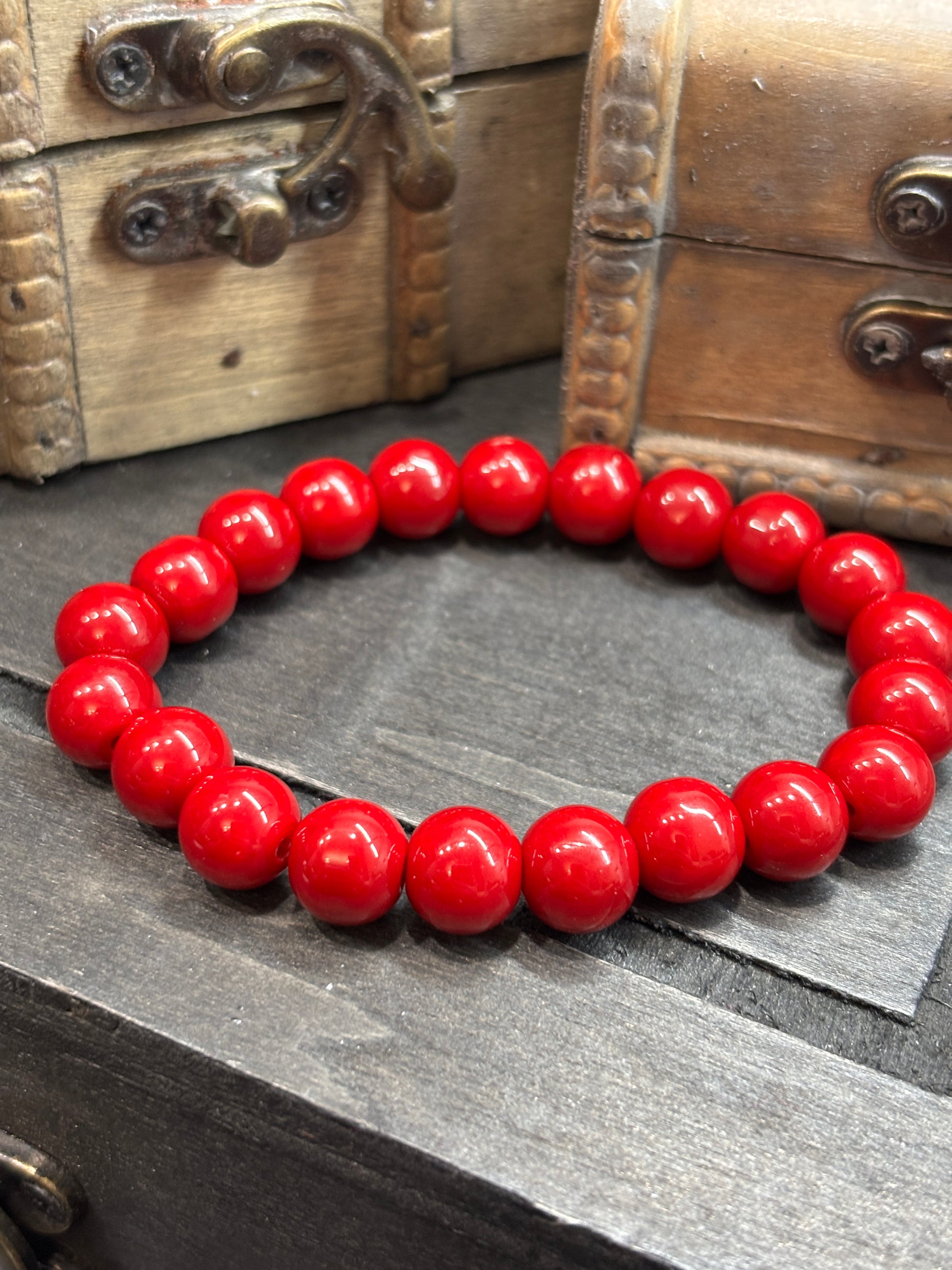 Red  Handmade Glass Beaded Stretch Bracelet - 4