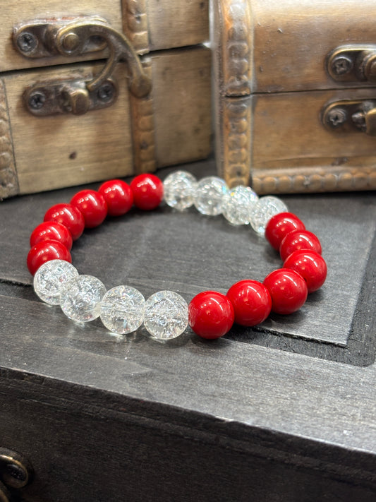 "Red & White" - Handmade Glass Beaded Stretch Bracelet