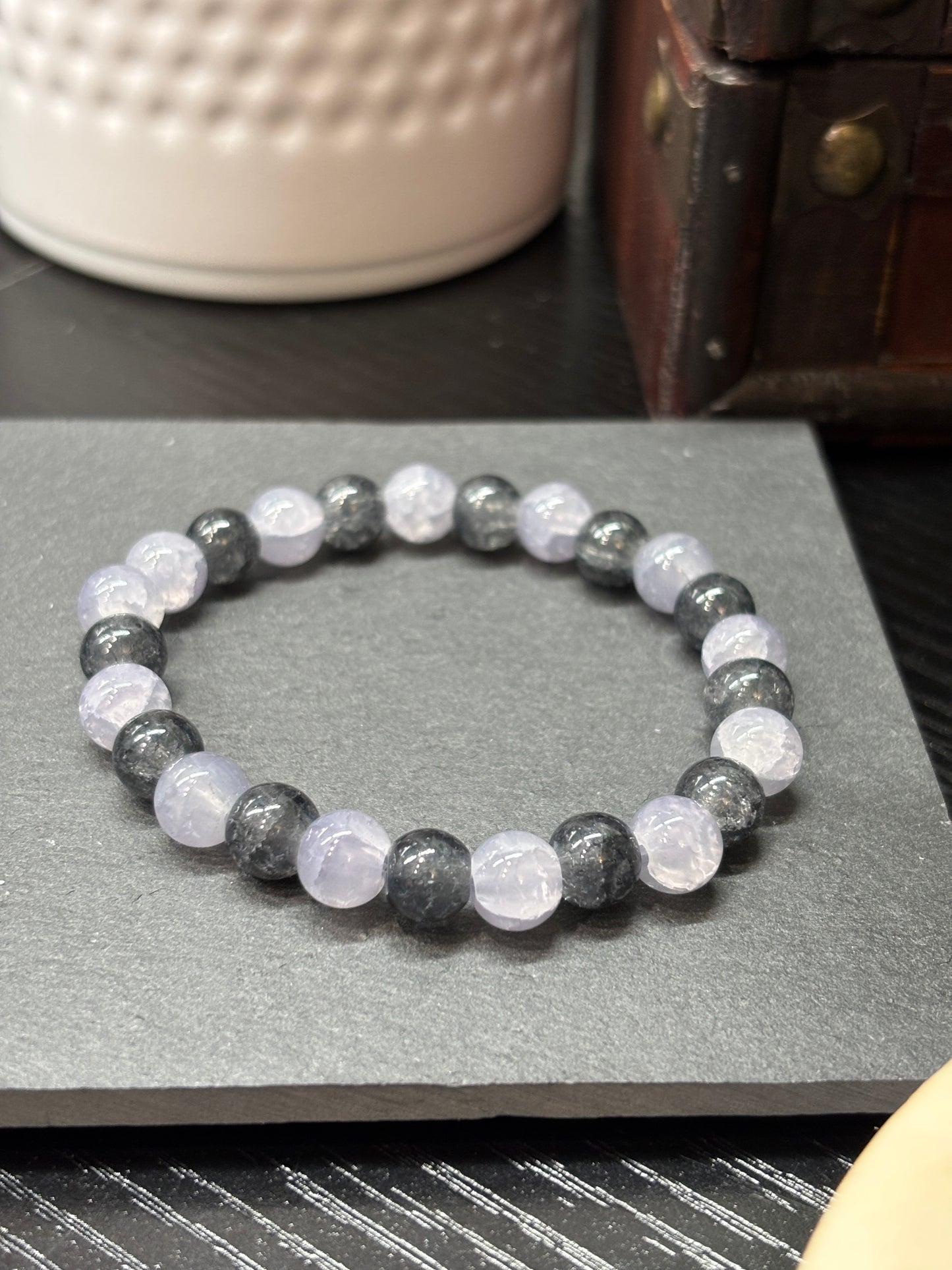 "Black Ice Crystals II" - Handmade Glass Beaded Stretch Bracelet