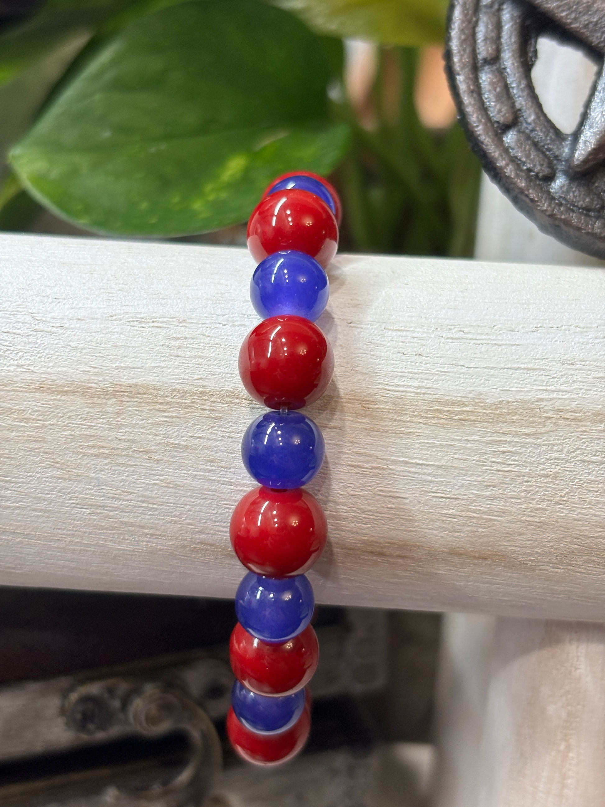 Red & Blue II  Handmade Glass Beaded Stretch Bracelet - 2