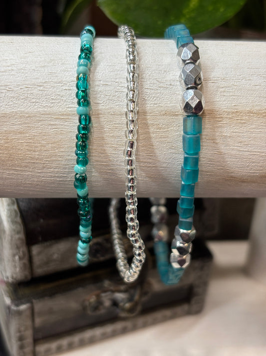 "Bluefern Glow" - Handmade Seed Bead Stretch Bracelet Set of 3