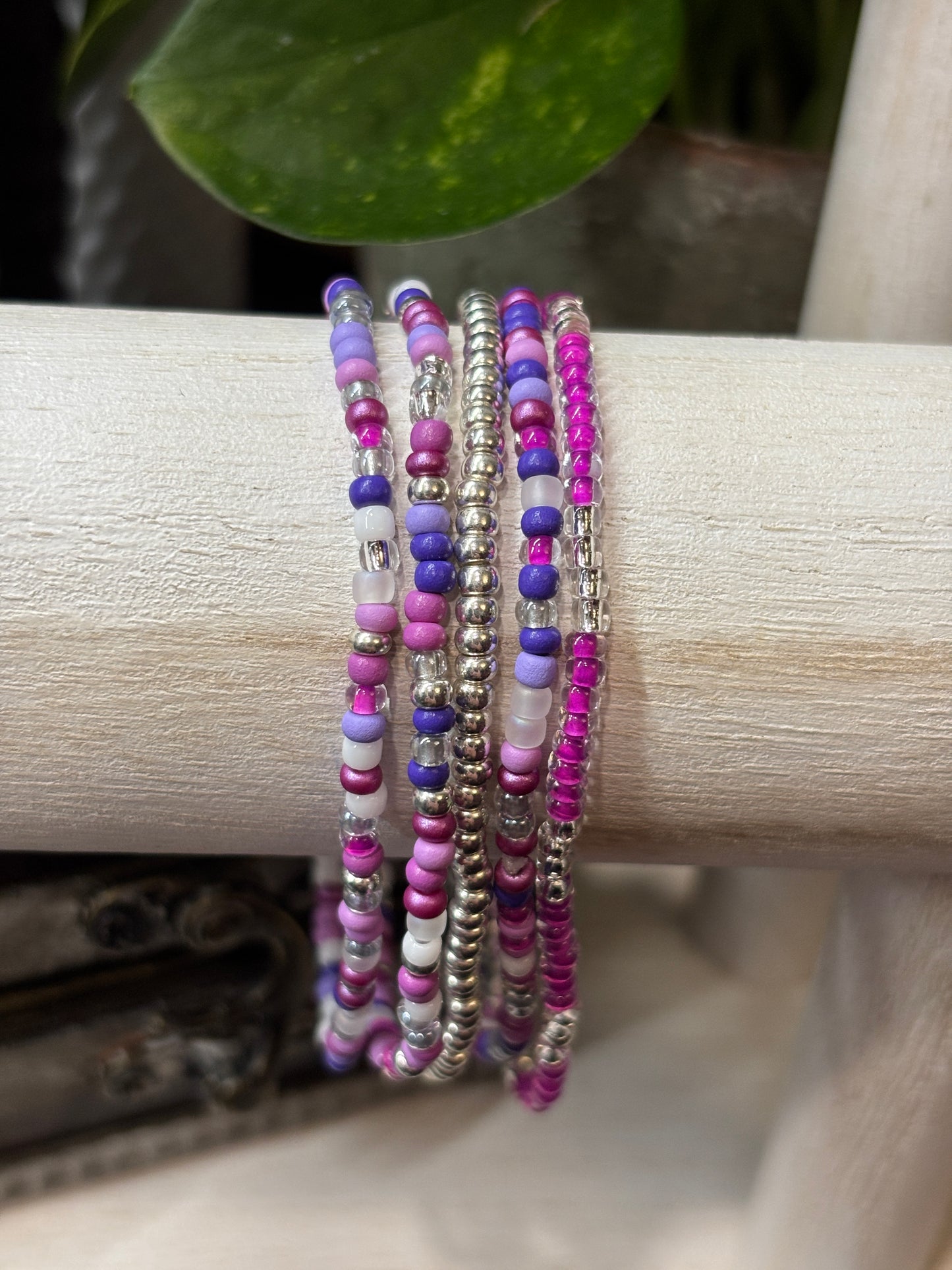 "Violet Ice" - Handmade Seed Bead Stretch Bracelet Set of 5