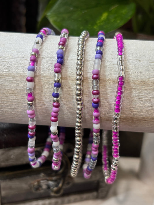 "Violet Ice" - Handmade Seed Bead Stretch Bracelet Set of 5