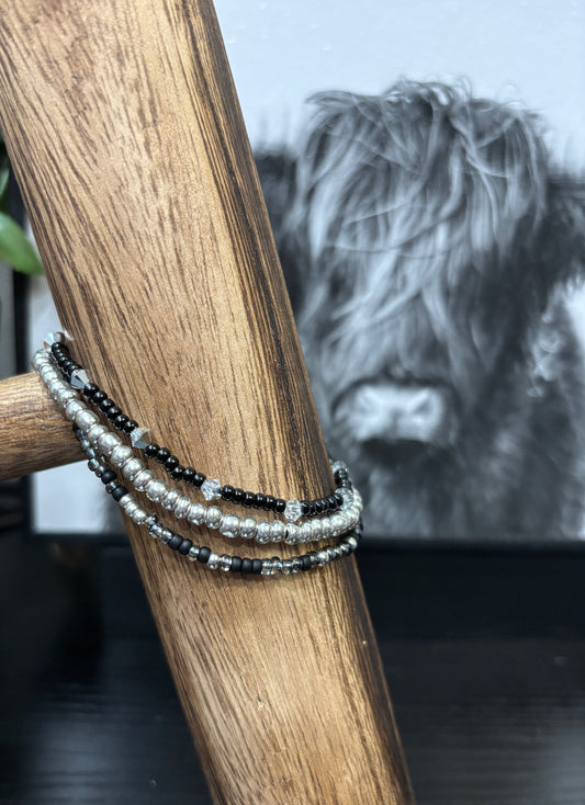 "Onyx Mist" - Handmade Seed Bead Stretch Bracelet Set of 3