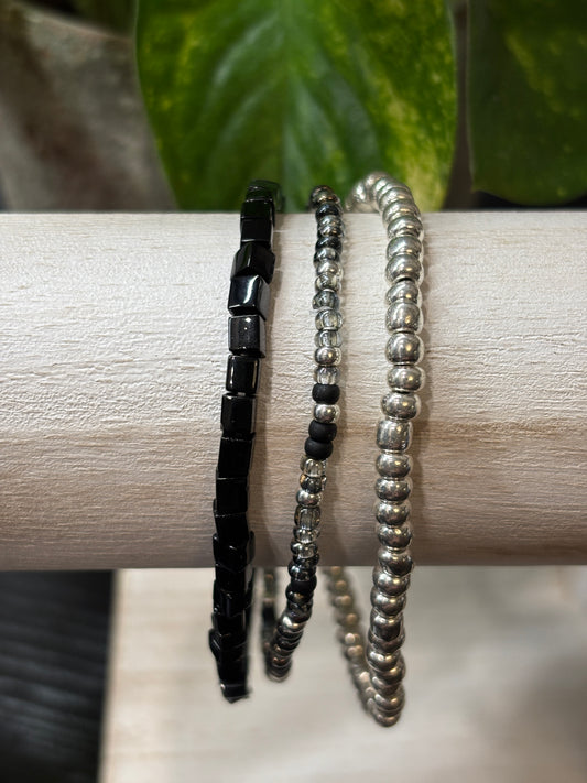 "Matte Metal" - Handmade Seed Bead Stretch Bracelet Set of 3