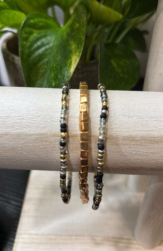 "Metal Muse" - Handmade Seed Bead Stretch Bracelet Set of 3