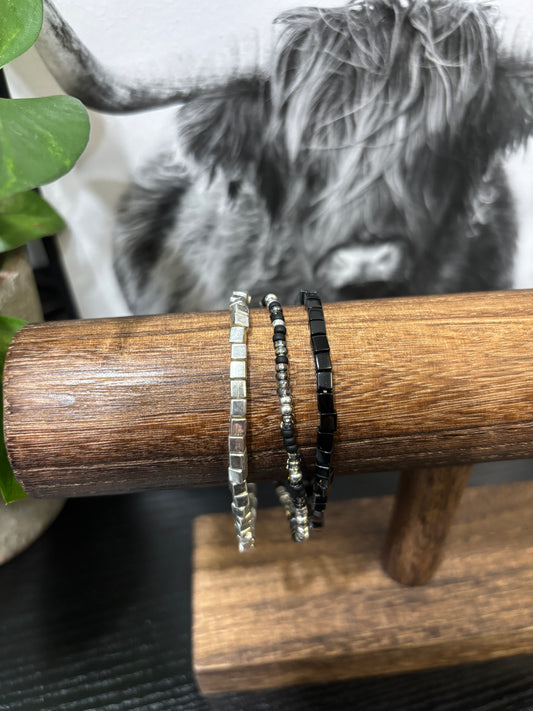 "Slate Shine" - Handmade Seed Bead Stretch Bracelet Set of 3