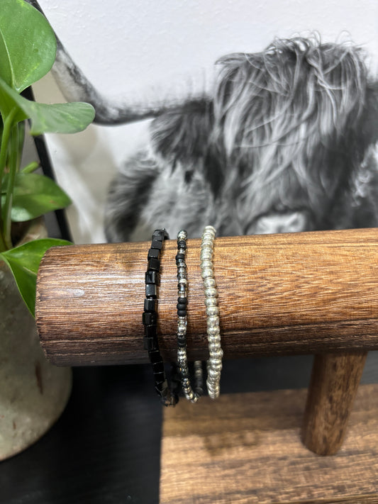 "Carbon Spark" - Handmade Seed Bead Stretch Bracelet Set of 3