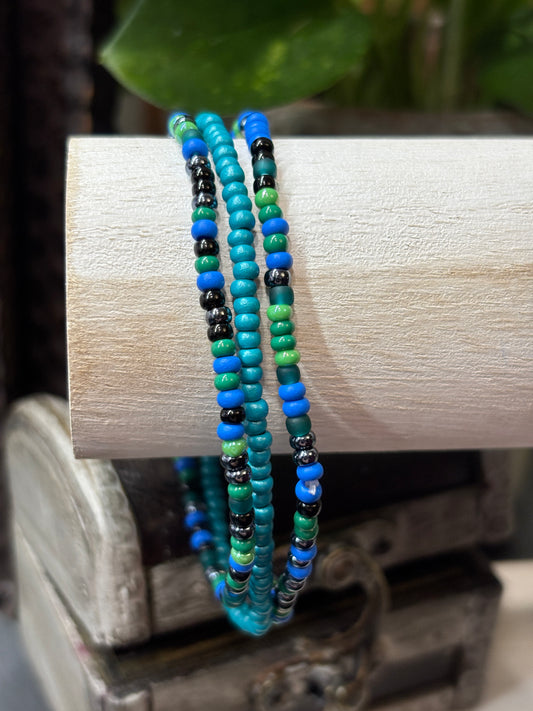 "Aquamarine Moss" - Handmade Seed Bead Stretch Bracelet Set of 3